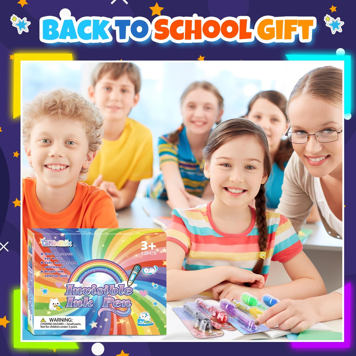 GIFTINBOX Invisible Ink Pen Set – 24 Spy Pens with UV Light for Kids