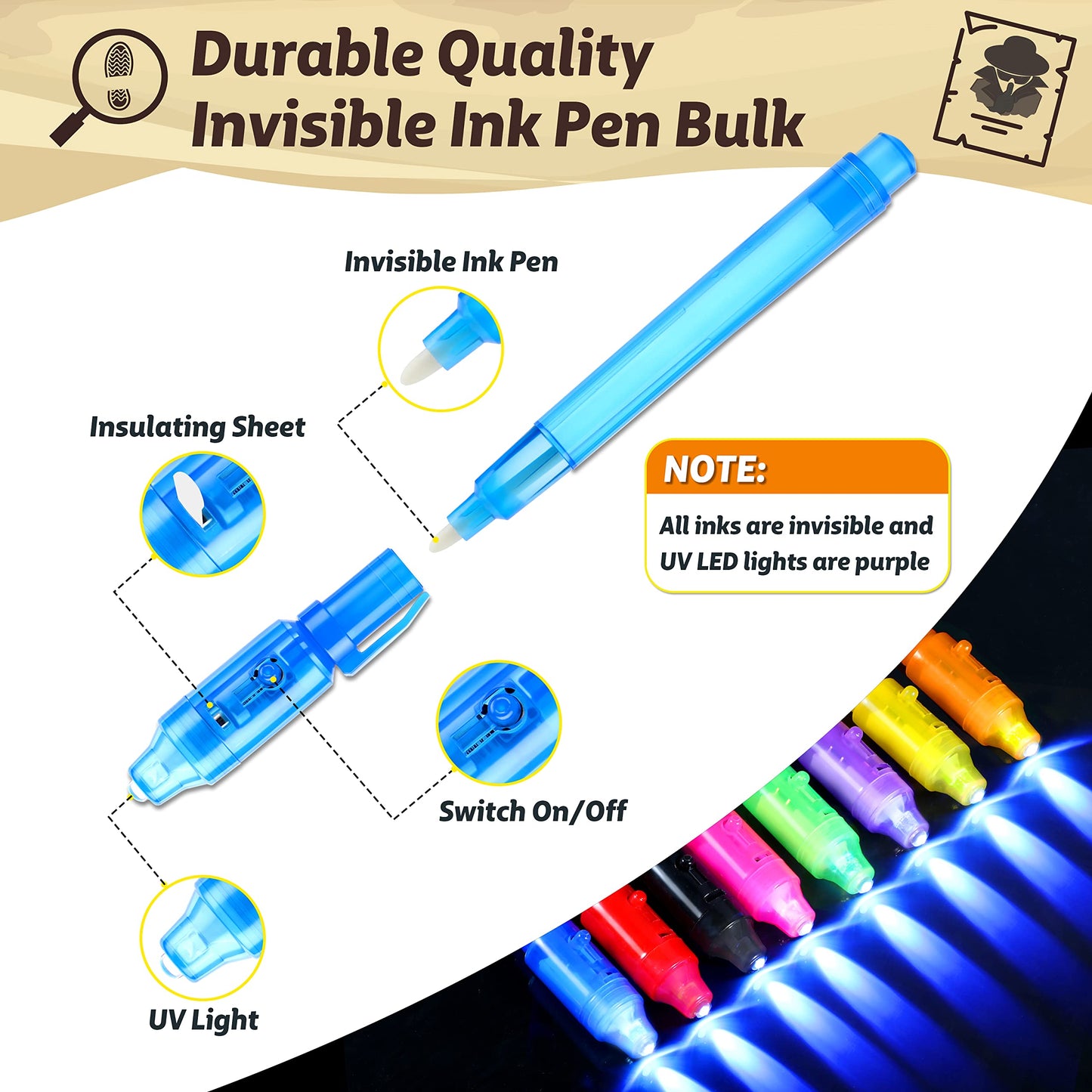 GIFTINBOX Invisible Ink Pens with UV Light — 24-Pack Spy Pen & Notebook Set for Kids 8-12