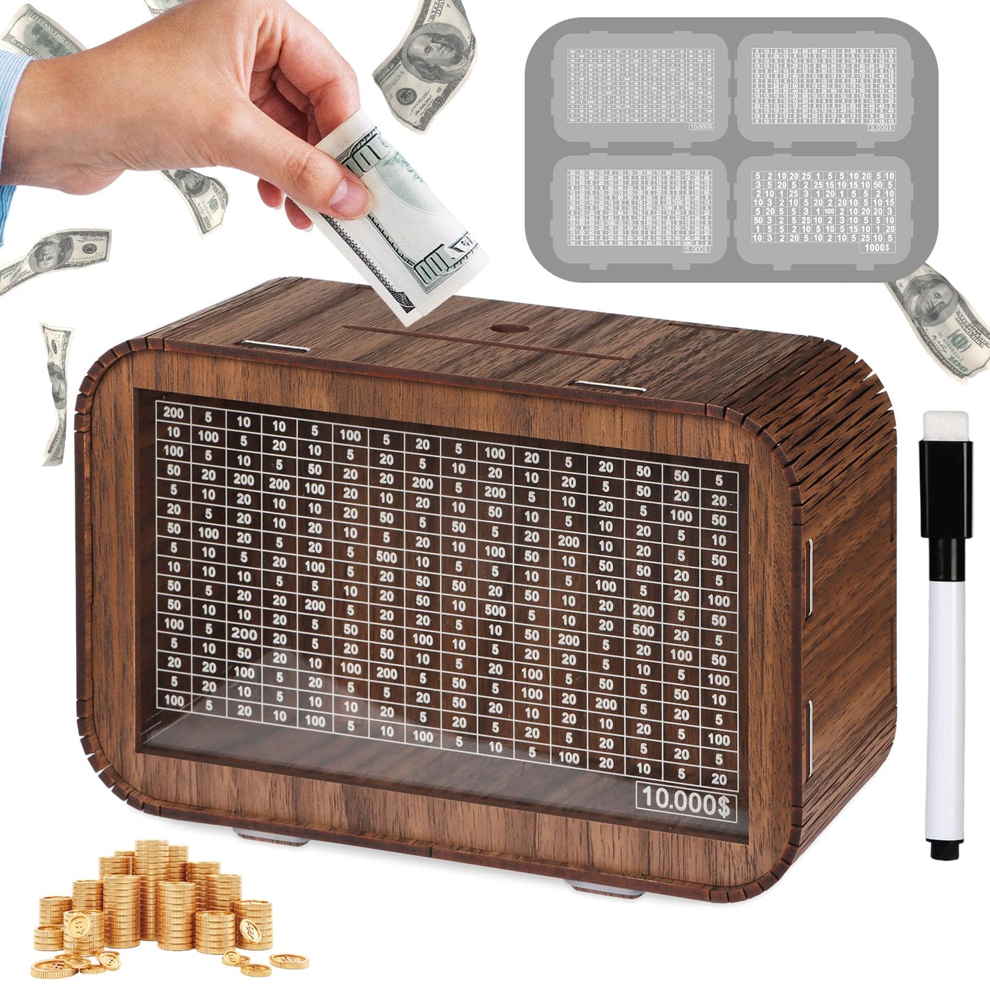 Giftota 2026 New Year Gift – 4-in-1 Wooden Piggy Bank, Fully Assembled Money Box with Counter & Dry Erase Pen