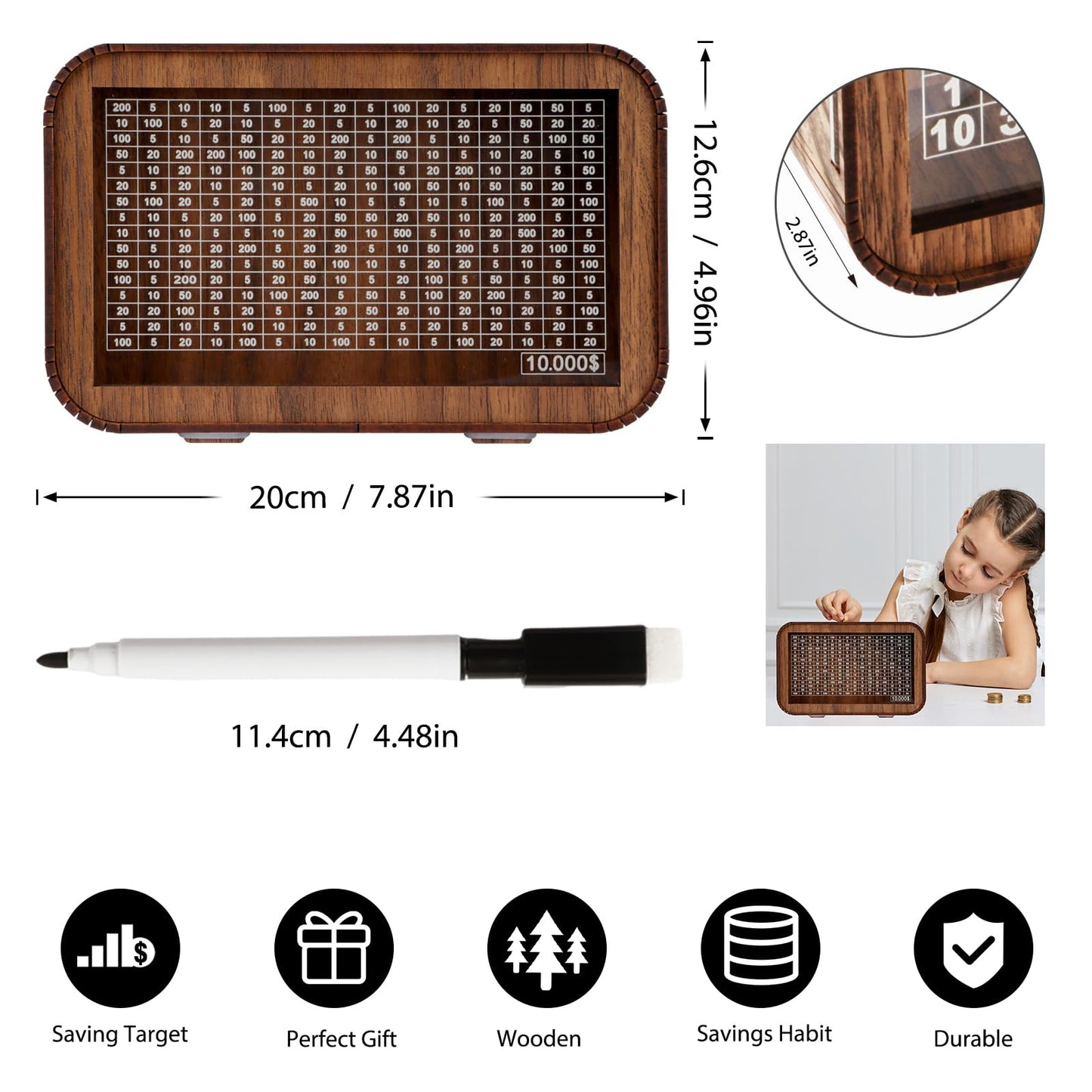 Giftota 2026 New Year Gift – 4-in-1 Wooden Piggy Bank, Fully Assembled Money Box with Counter & Dry Erase Pen