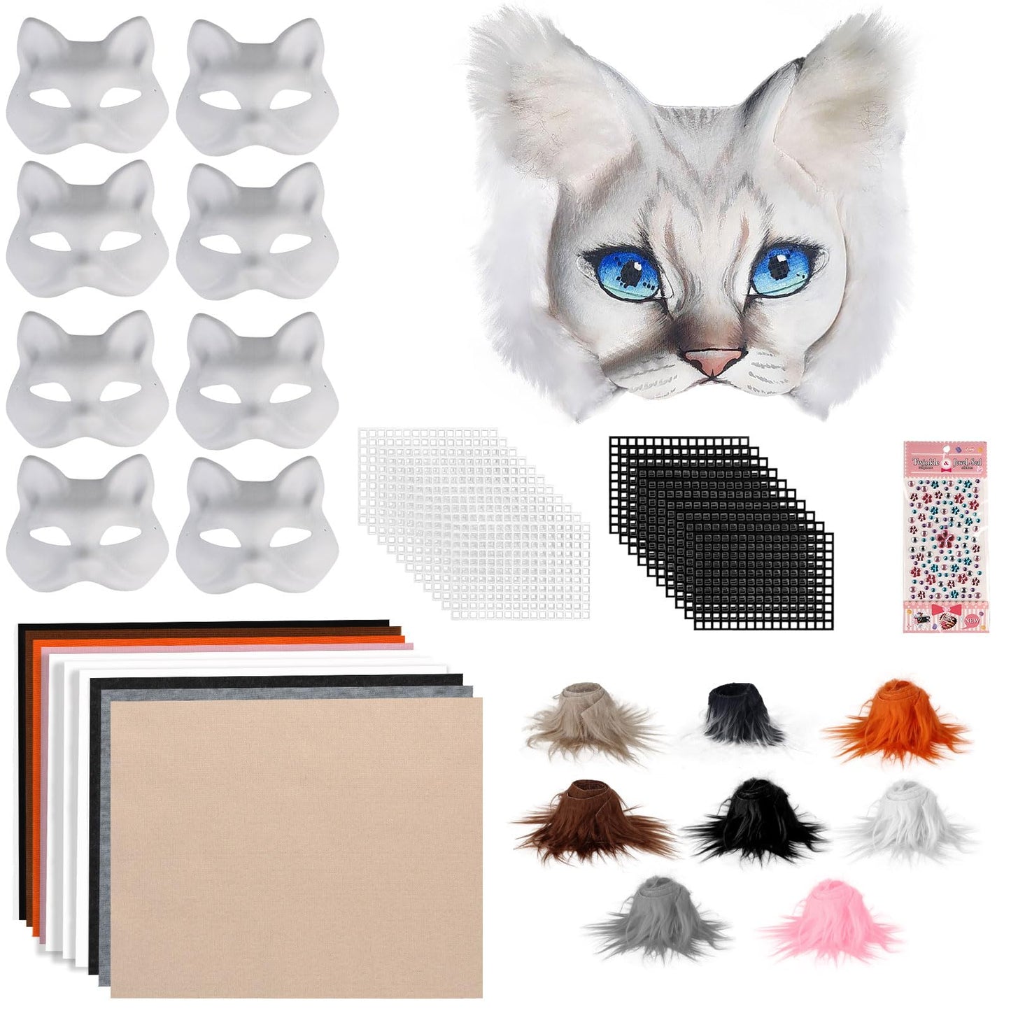 Giftota 47 Pcs DIY Therian Mask Kit – 8 Blank Cat Masks, Faux Fur & Felt for Christmas Cosplay