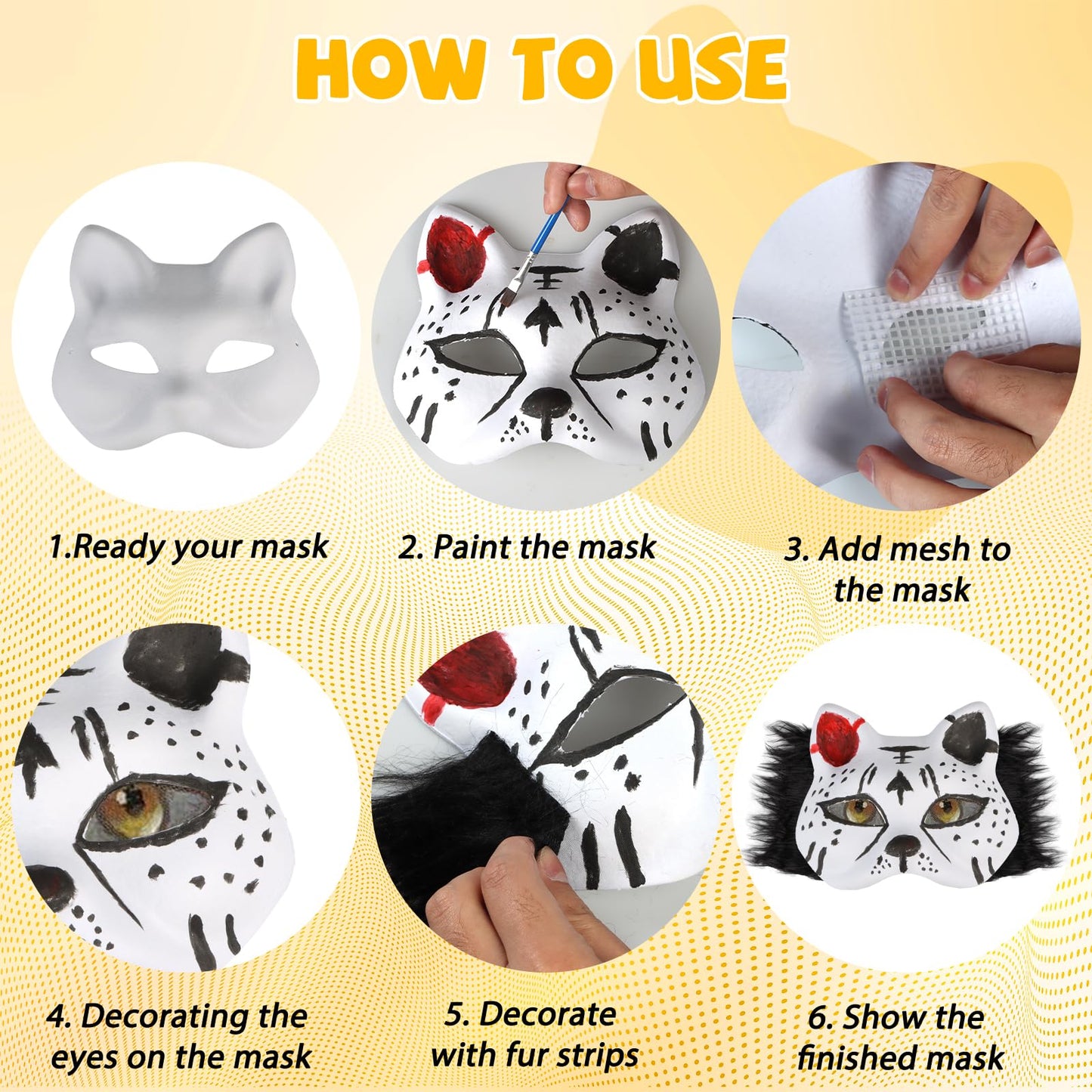 Giftota 47 Pcs DIY Therian Mask Kit – 8 Blank Cat Masks, Faux Fur & Felt for Christmas Cosplay