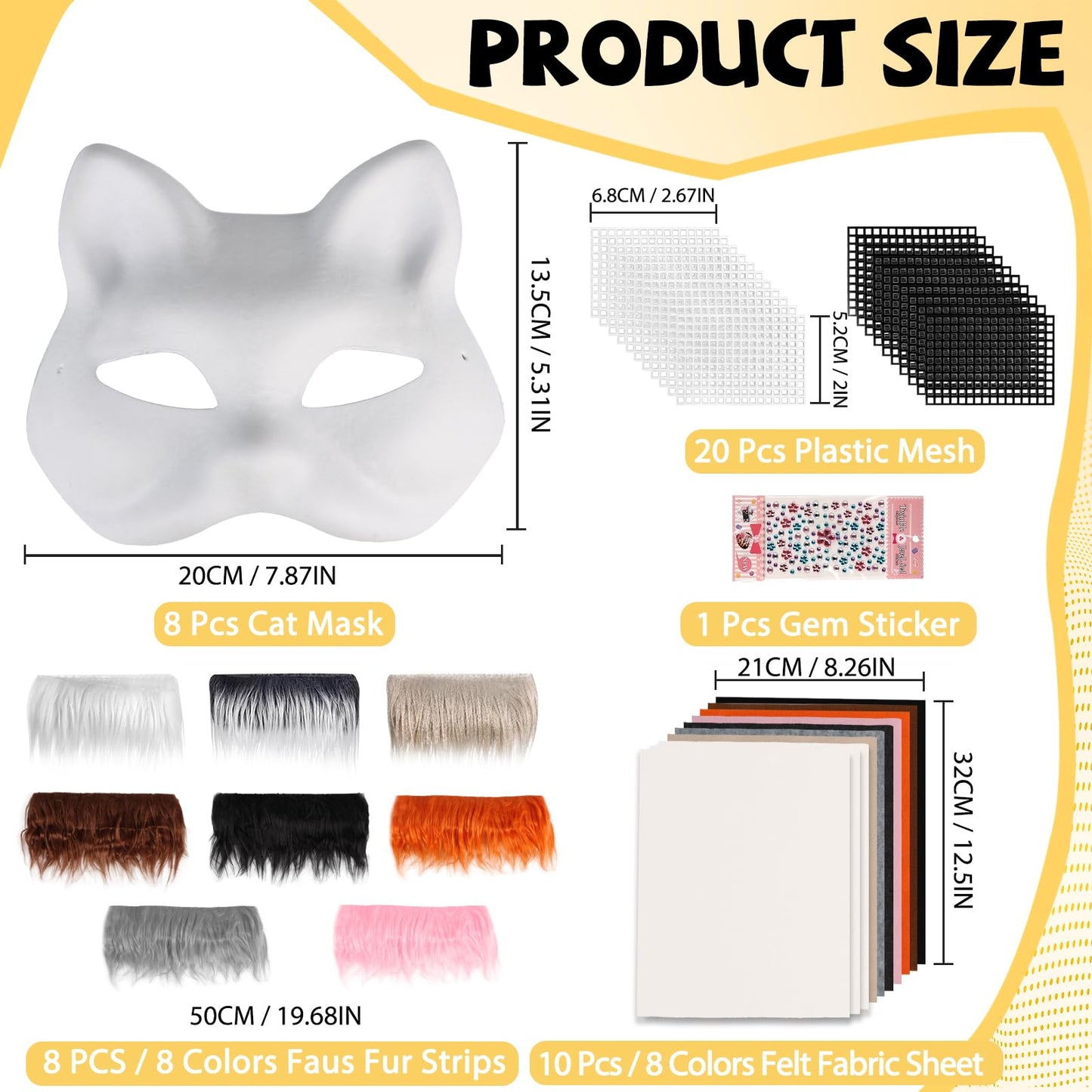 Giftota 47 Pcs DIY Therian Mask Kit – 8 Blank Cat Masks, Faux Fur & Felt for Christmas Cosplay