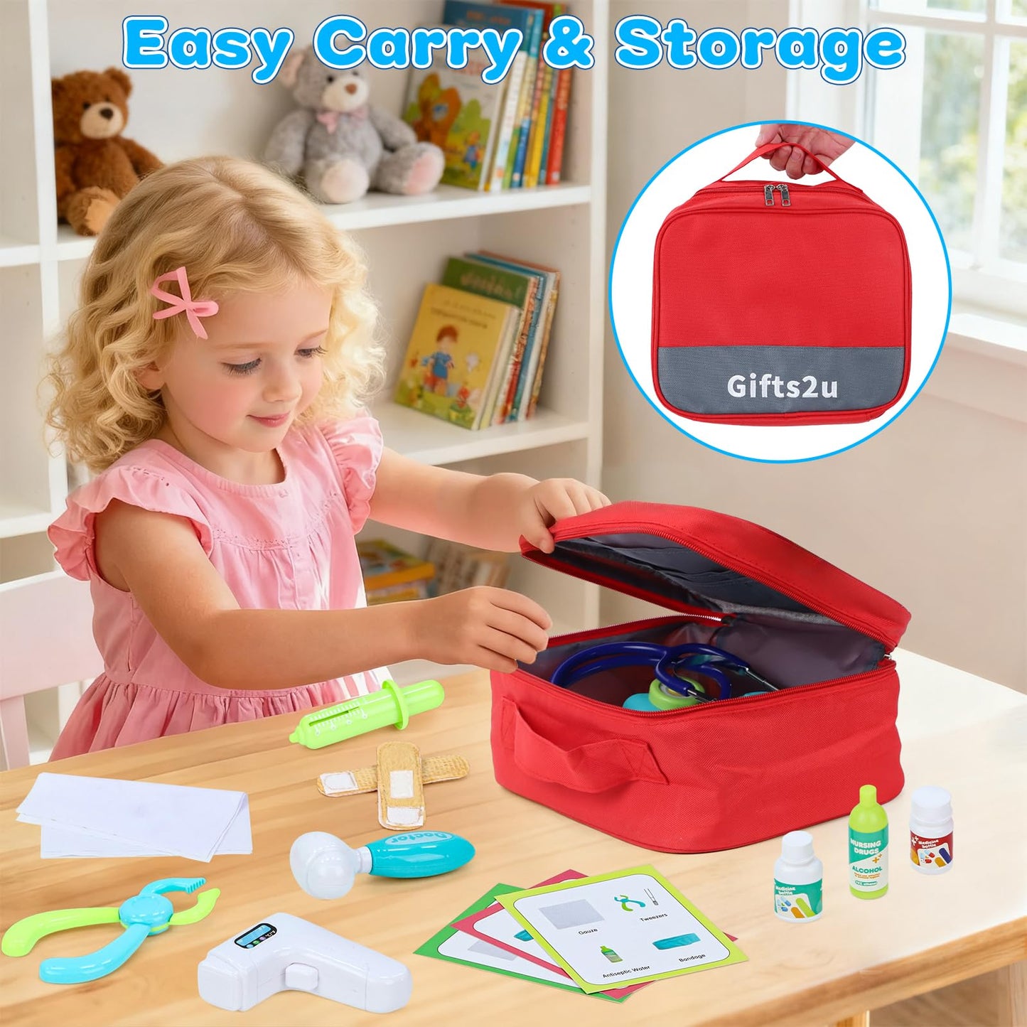 Gifts2U Kids First-Aid Kit Toy – 28-Piece Pretend Doctor Kit with Real Stethoscope