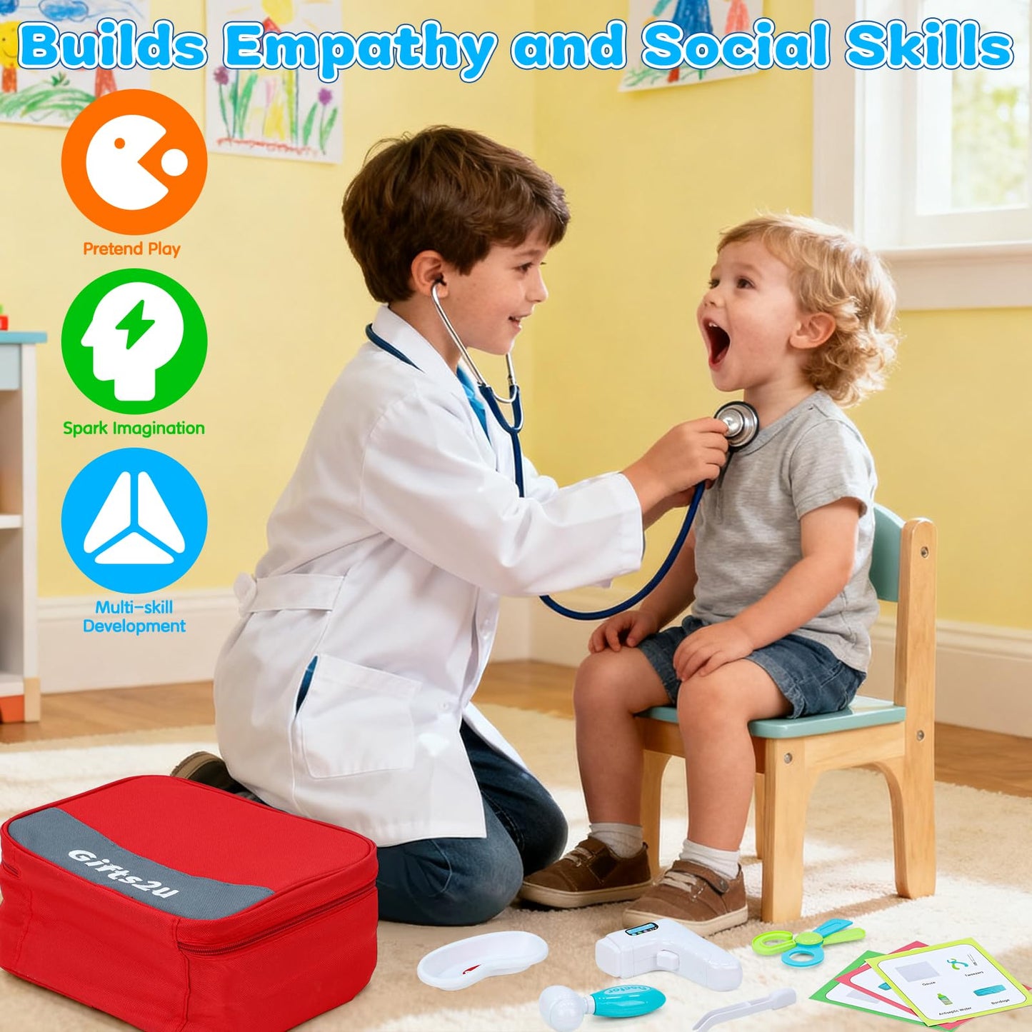 Gifts2U Kids First-Aid Kit Toy – 28-Piece Pretend Doctor Kit with Real Stethoscope