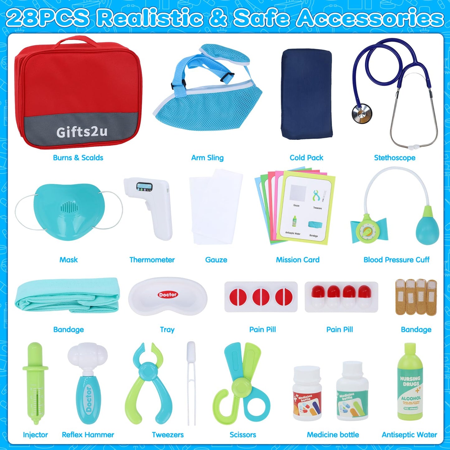 Gifts2U Kids First-Aid Kit Toy – 28-Piece Pretend Doctor Kit with Real Stethoscope