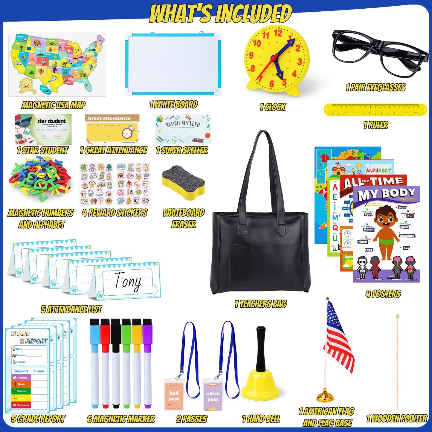 Gifts2U Pretend Play School Sets for Kids – Teacher Bag, Whiteboard, Learning Clock & Posters