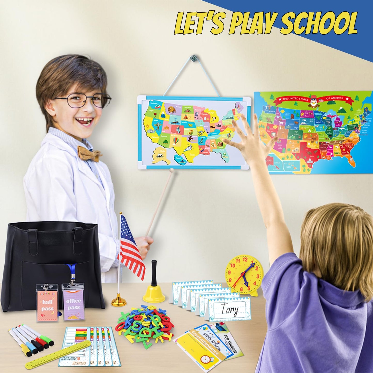 Gifts2U Pretend Play School Sets for Kids – Teacher Bag, Whiteboard, Learning Clock & Posters