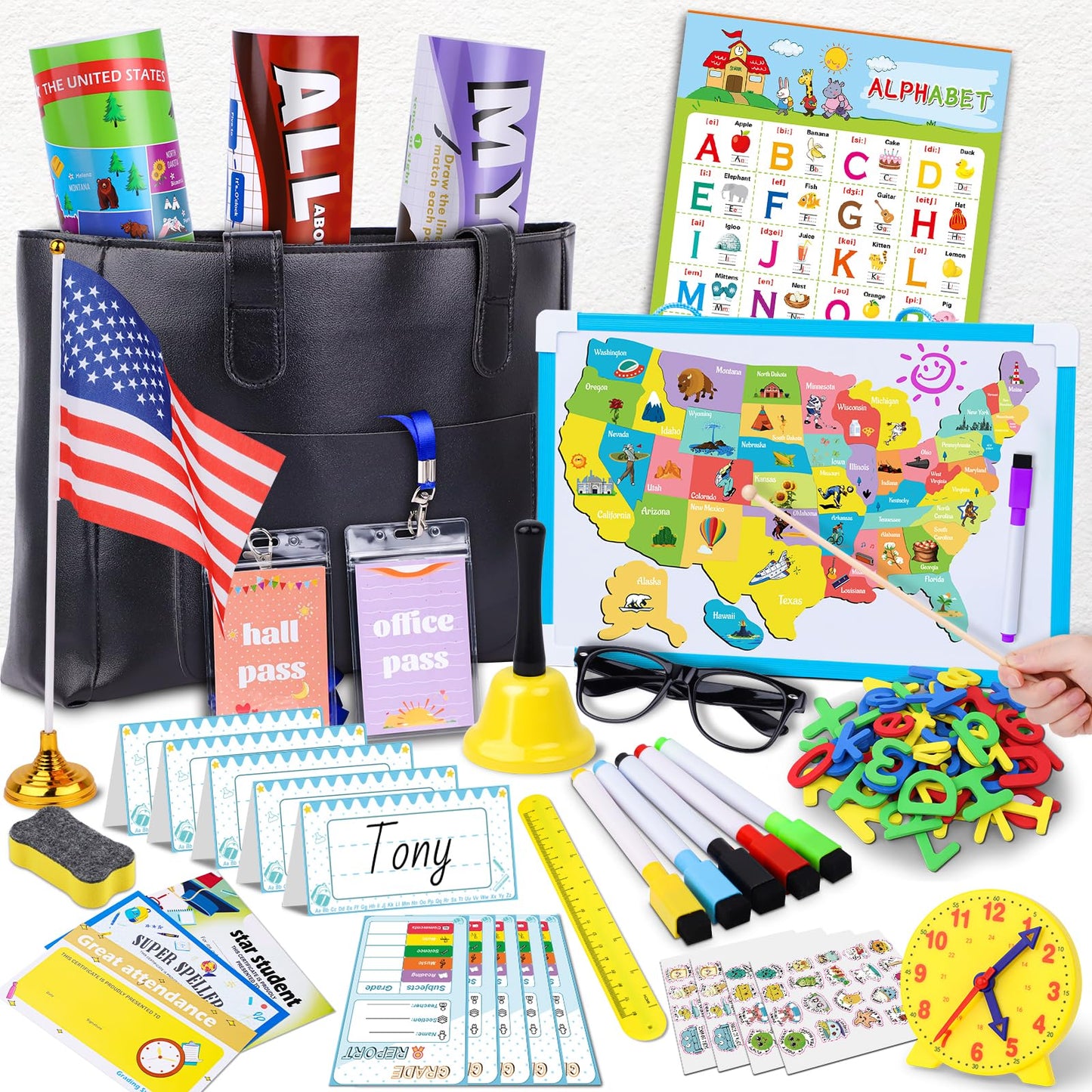 Gifts2U Pretend Play School Sets for Kids – Teacher Bag, Whiteboard, Learning Clock & Posters