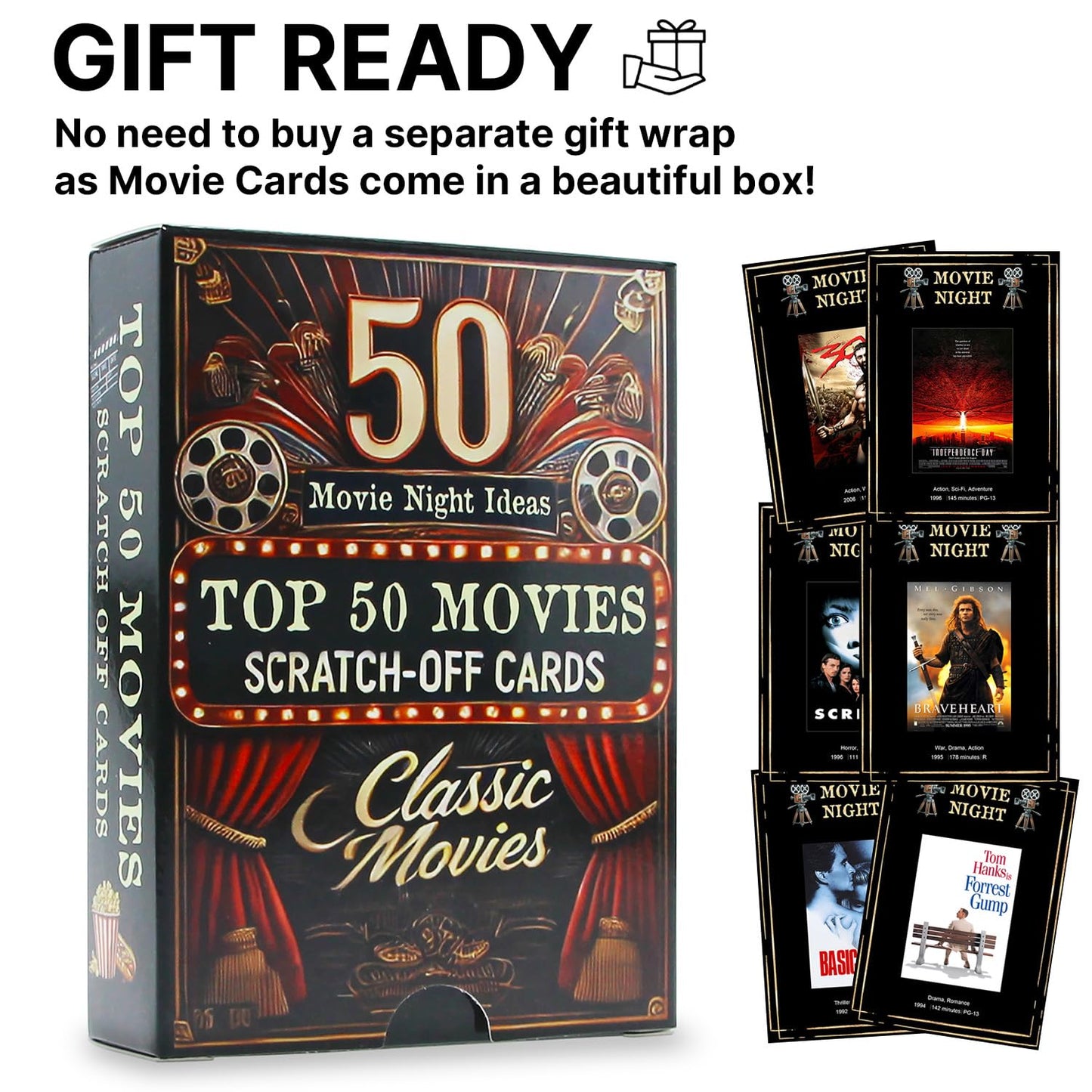 GIFTSFARM Top 50 Movie Night Scratch Off Cards | Unique Gift Ideas for Couples & Families