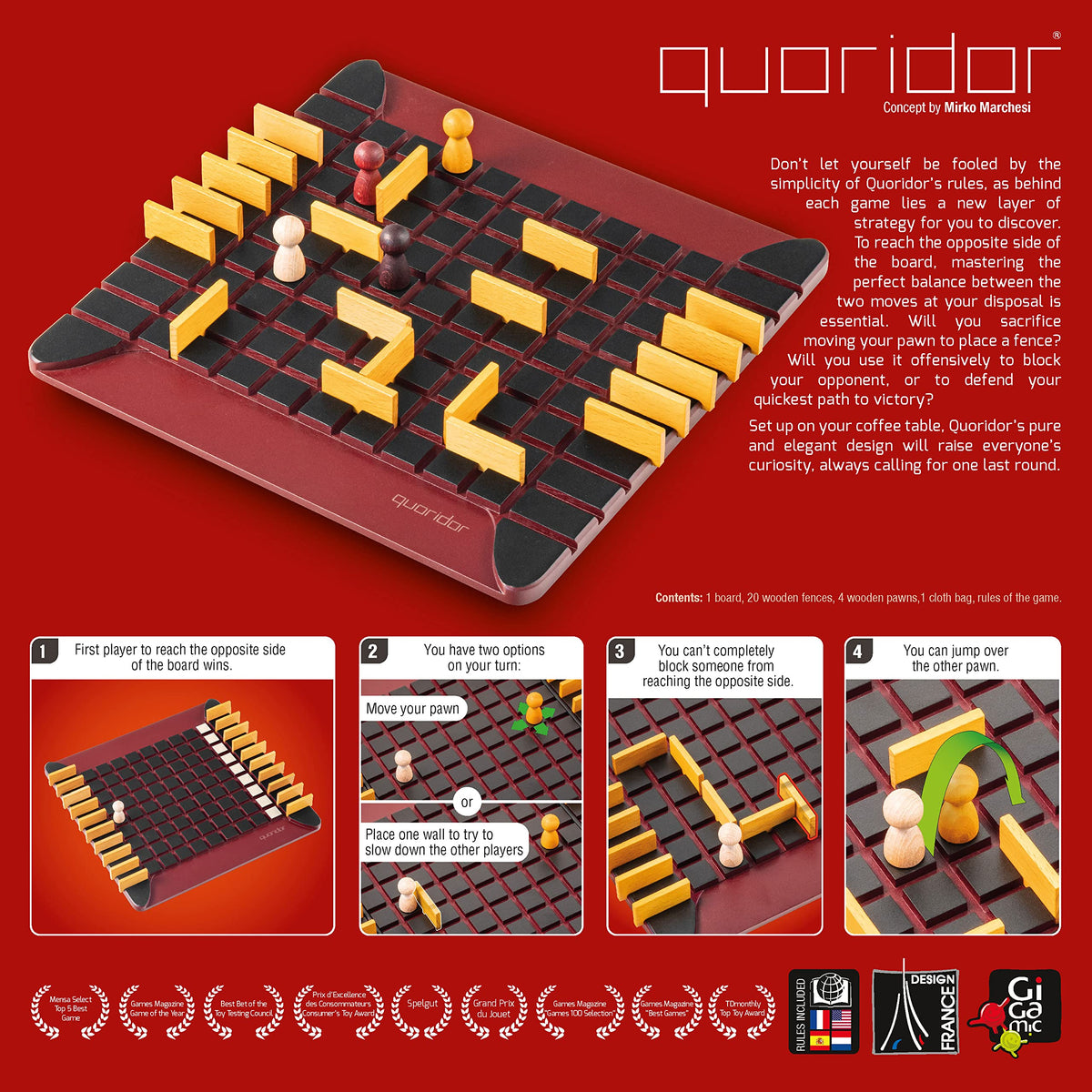 GIGAMIC Quoridor – Mensa Select Winner, Over 1 Million Sold | Wooden Strategy Game for 2-4 Players | 1 Min to Learn