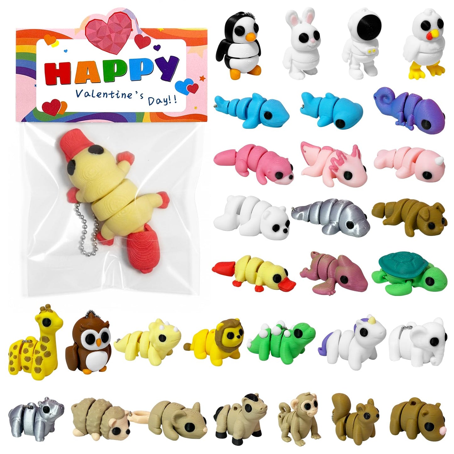 Giggiftrio Valentine's Day Gifts – 30 Pcs 3D Printed Mini Animals with Chains