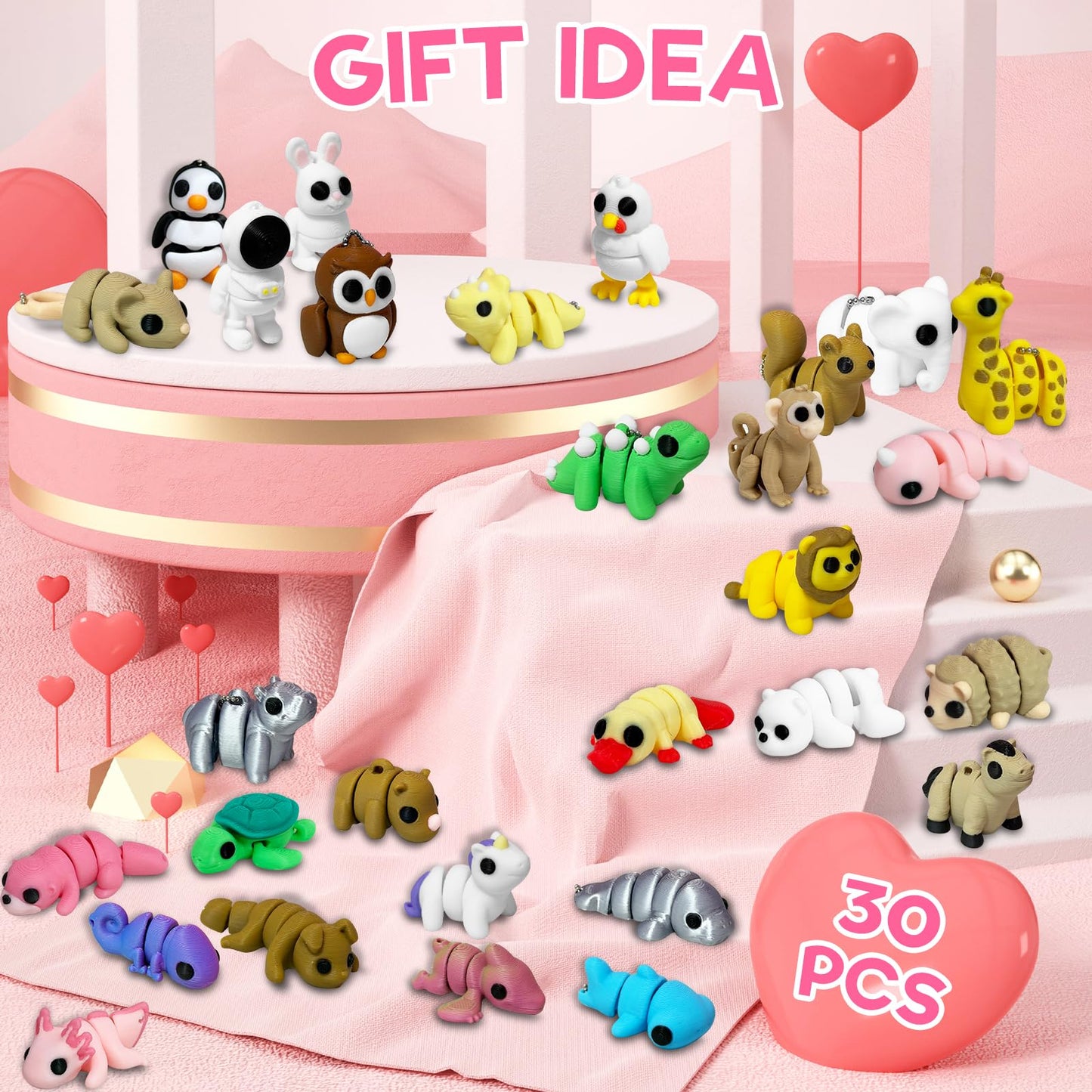 Giggiftrio Valentine's Day Gifts – 30 Pcs 3D Printed Mini Animals with Chains