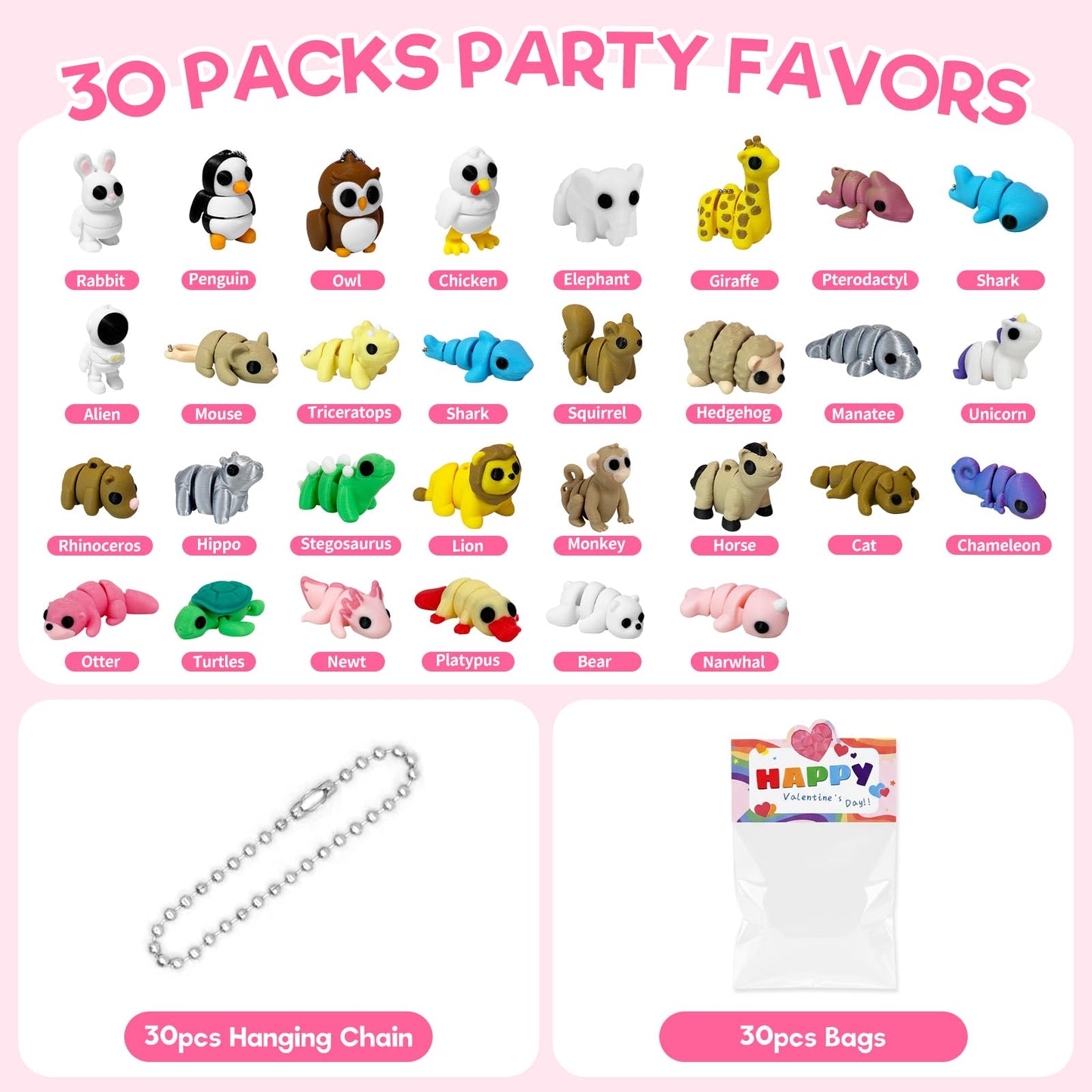 Giggiftrio Valentine's Day Gifts – 30 Pcs 3D Printed Mini Animals with Chains