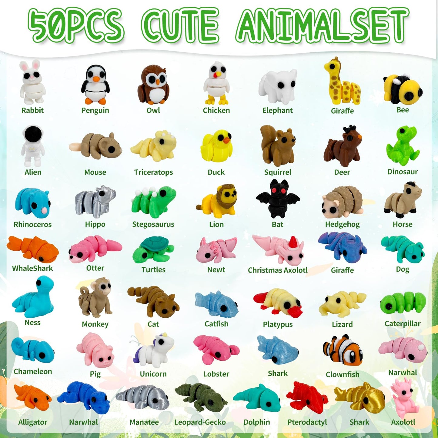 Giggiftrio 50pcs 3D Printed Articulated Mini Animals – Flexible Desk Decor & Fidget Toys