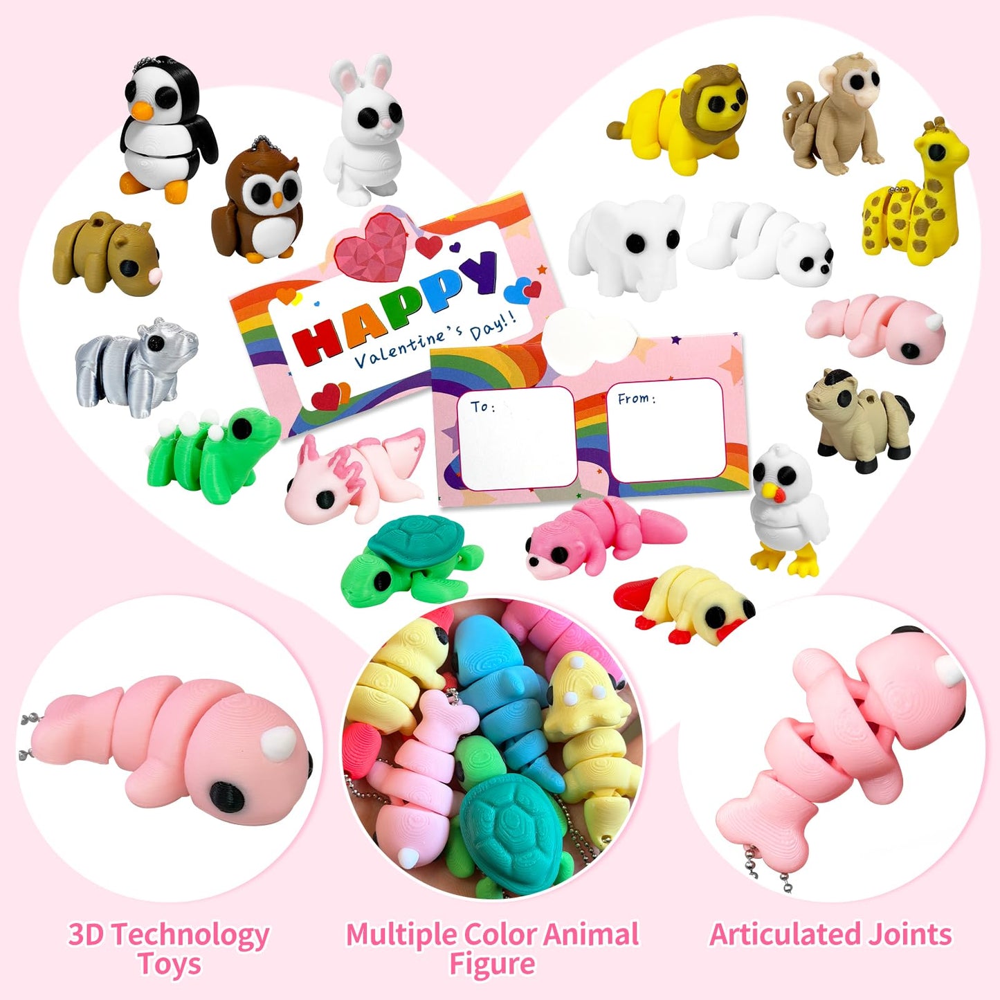 Giggiftrio Valentine's Day Gifts – 30 Pcs 3D Printed Mini Animals with Chains