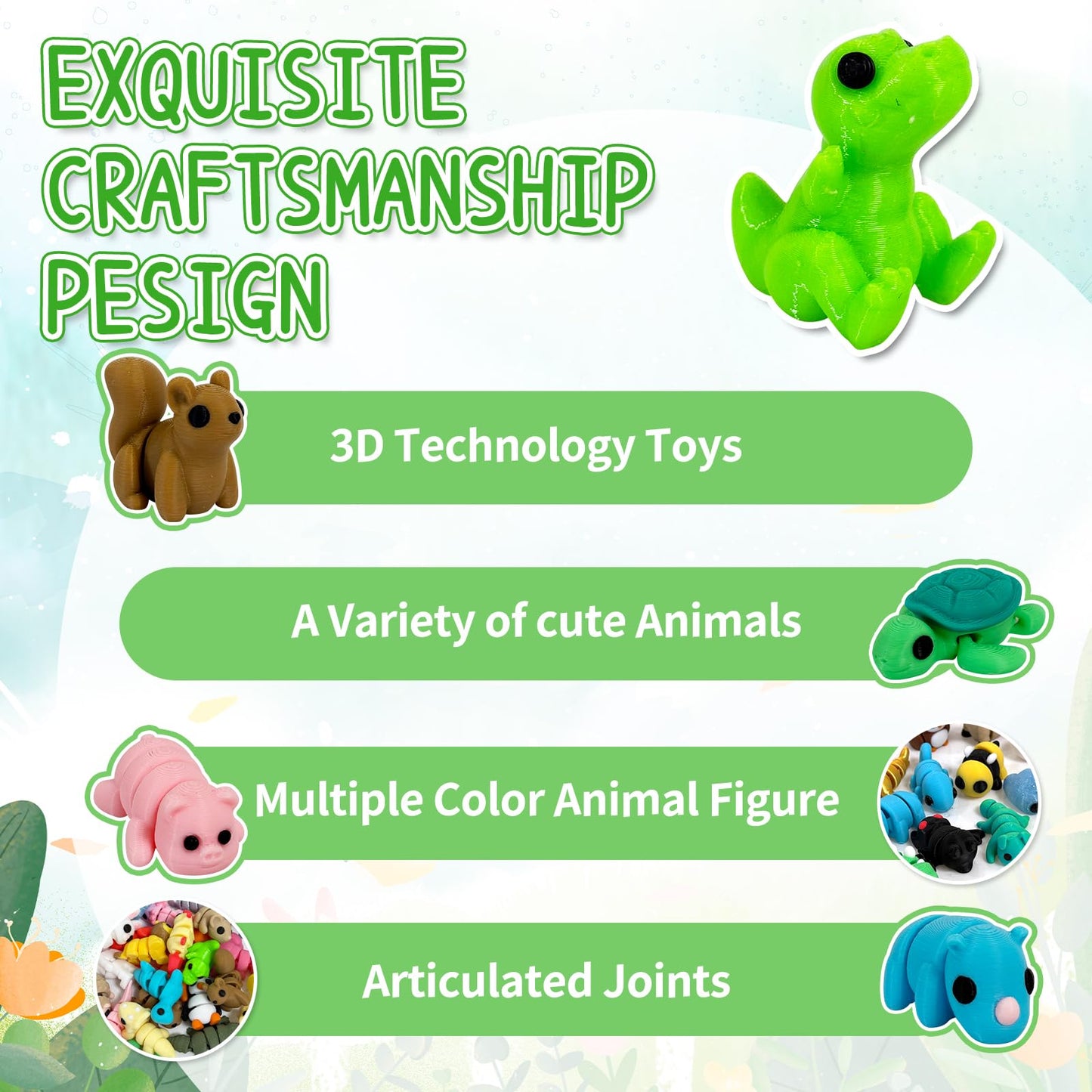 Giggiftrio 50pcs 3D Printed Articulated Mini Animals – Flexible Desk Decor & Fidget Toys