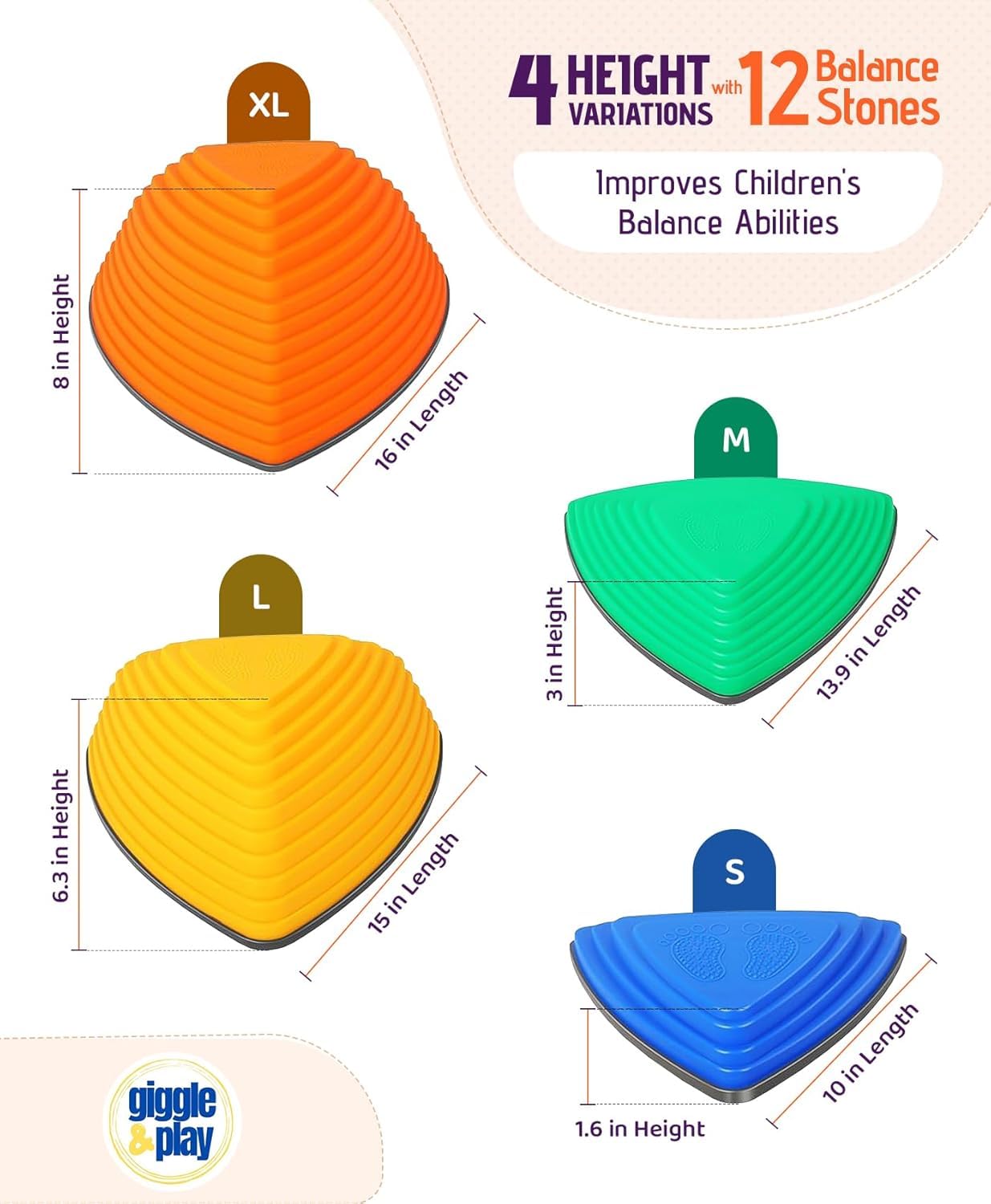 Giggle & Play Stepping Stones Set of 12 — Montessori Indoor/Outdoor Balance for Kids