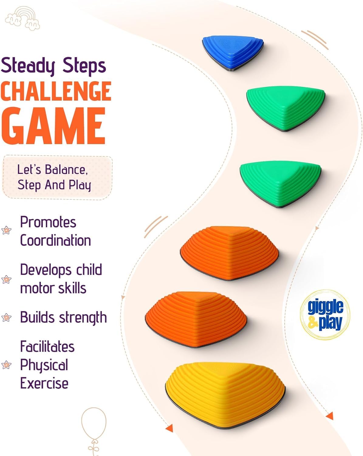 Giggle & Play Stepping Stones Set of 12 — Montessori Indoor/Outdoor Balance for Kids