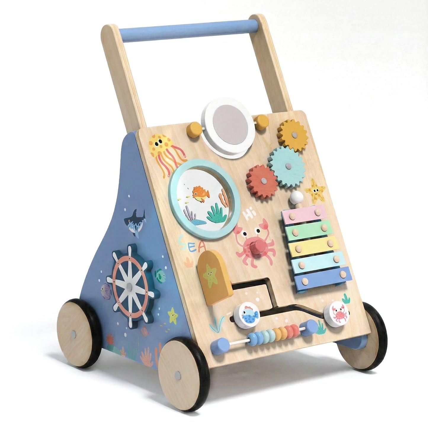 GiggleGems Ocean-Themed Wooden Baby Walker | Montessori Push Walker for 18 Months+