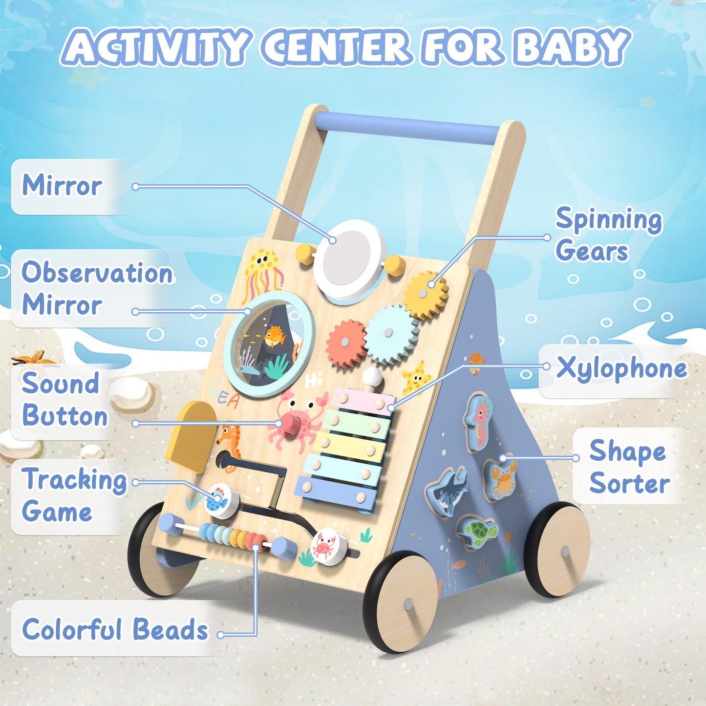 GiggleGems Ocean-Themed Wooden Baby Walker | Montessori Push Walker for 18 Months+