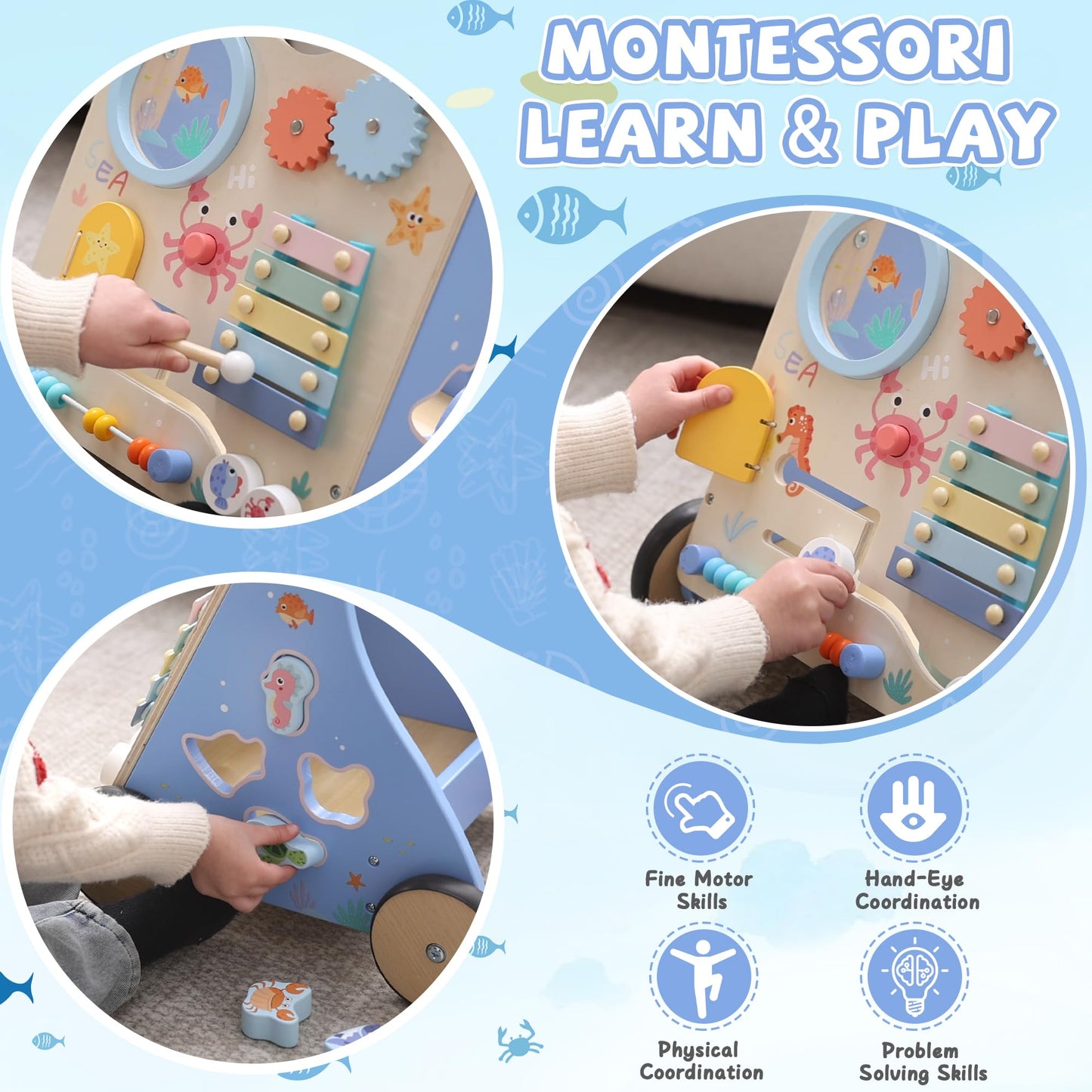 GiggleGems Ocean-Themed Wooden Baby Walker | Montessori Push Walker for 18 Months+
