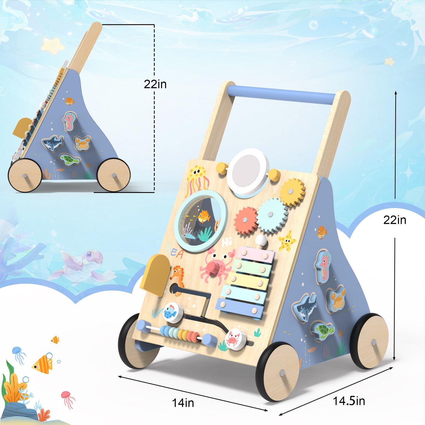 GiggleGems Ocean-Themed Wooden Baby Walker | Montessori Push Walker for 18 Months+