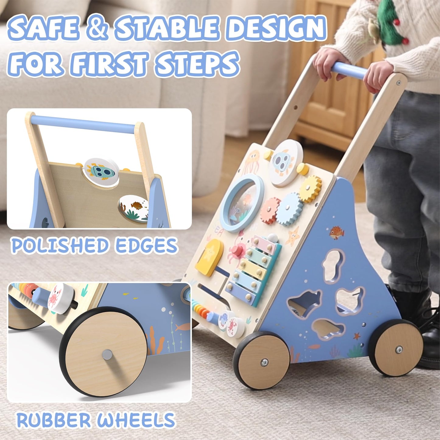 GiggleGems Ocean-Themed Wooden Baby Walker | Montessori Push Walker for 18 Months+