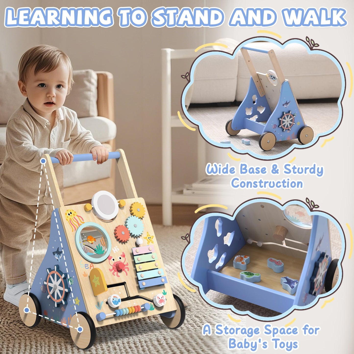 GiggleGems Ocean-Themed Wooden Baby Walker | Montessori Push Walker for 18 Months+