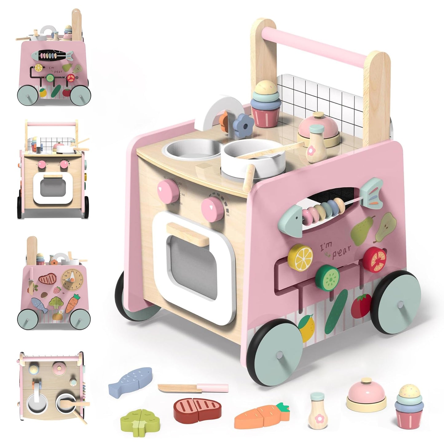 GiggleGems Wooden Baby Walker 4-in-1 | Push Walker, Kitchen Playset & Montessori Toy