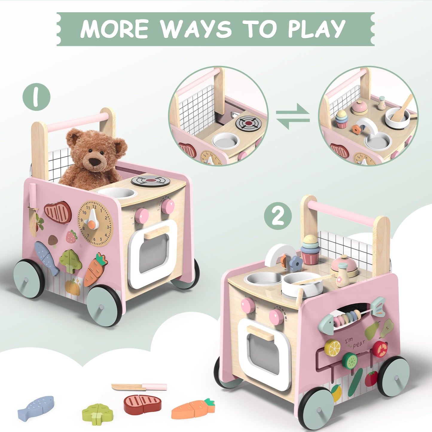 GiggleGems Wooden Baby Walker 4-in-1 | Push Walker, Kitchen Playset & Montessori Toy