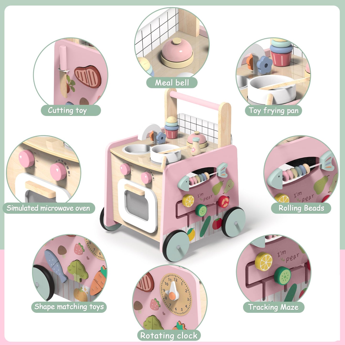 GiggleGems Wooden Baby Walker 4-in-1 | Push Walker, Kitchen Playset & Montessori Toy
