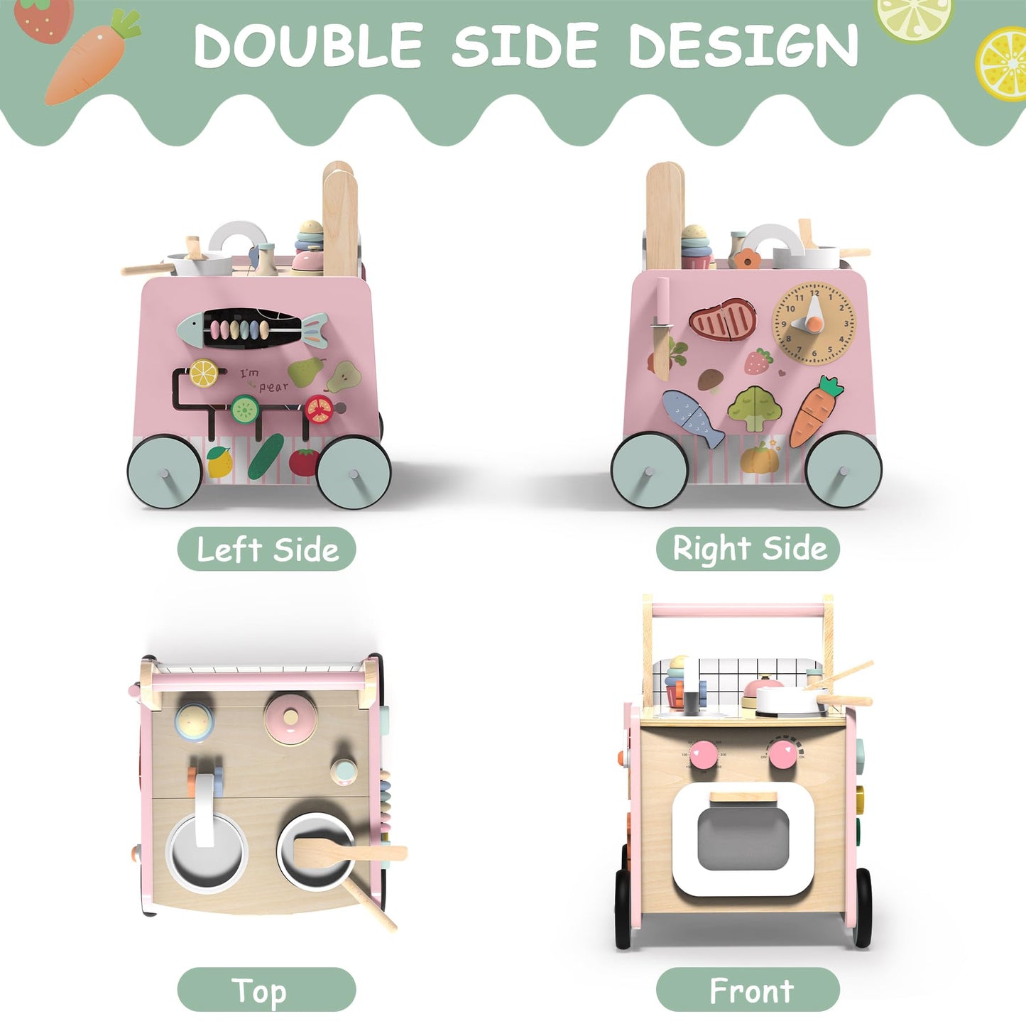 GiggleGems Wooden Baby Walker 4-in-1 | Push Walker, Kitchen Playset & Montessori Toy