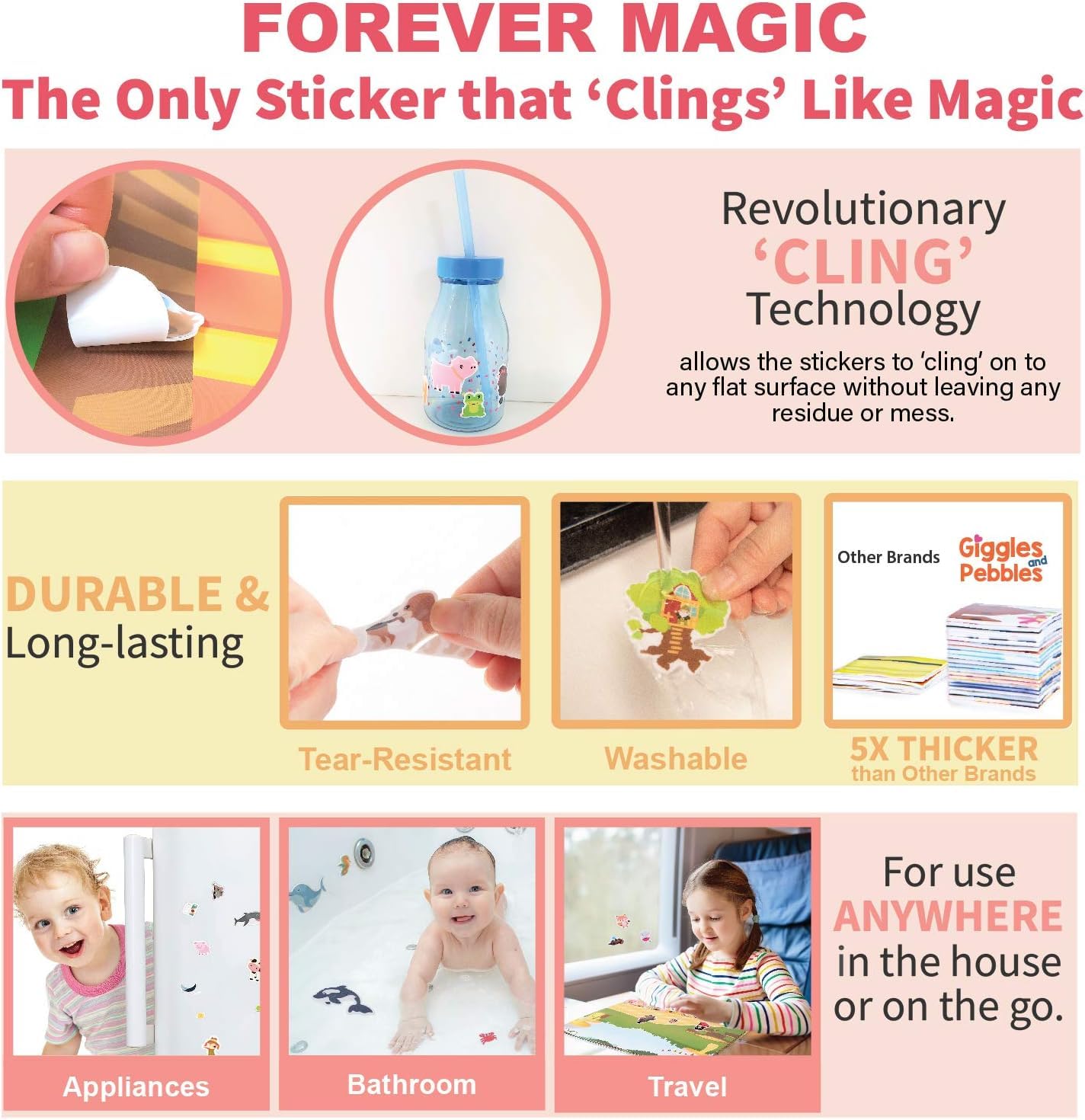 Giggles & Pebbles Educational Magic Sticker Pad Book – Reusable, Washable, Non-Adhesive for Kids
