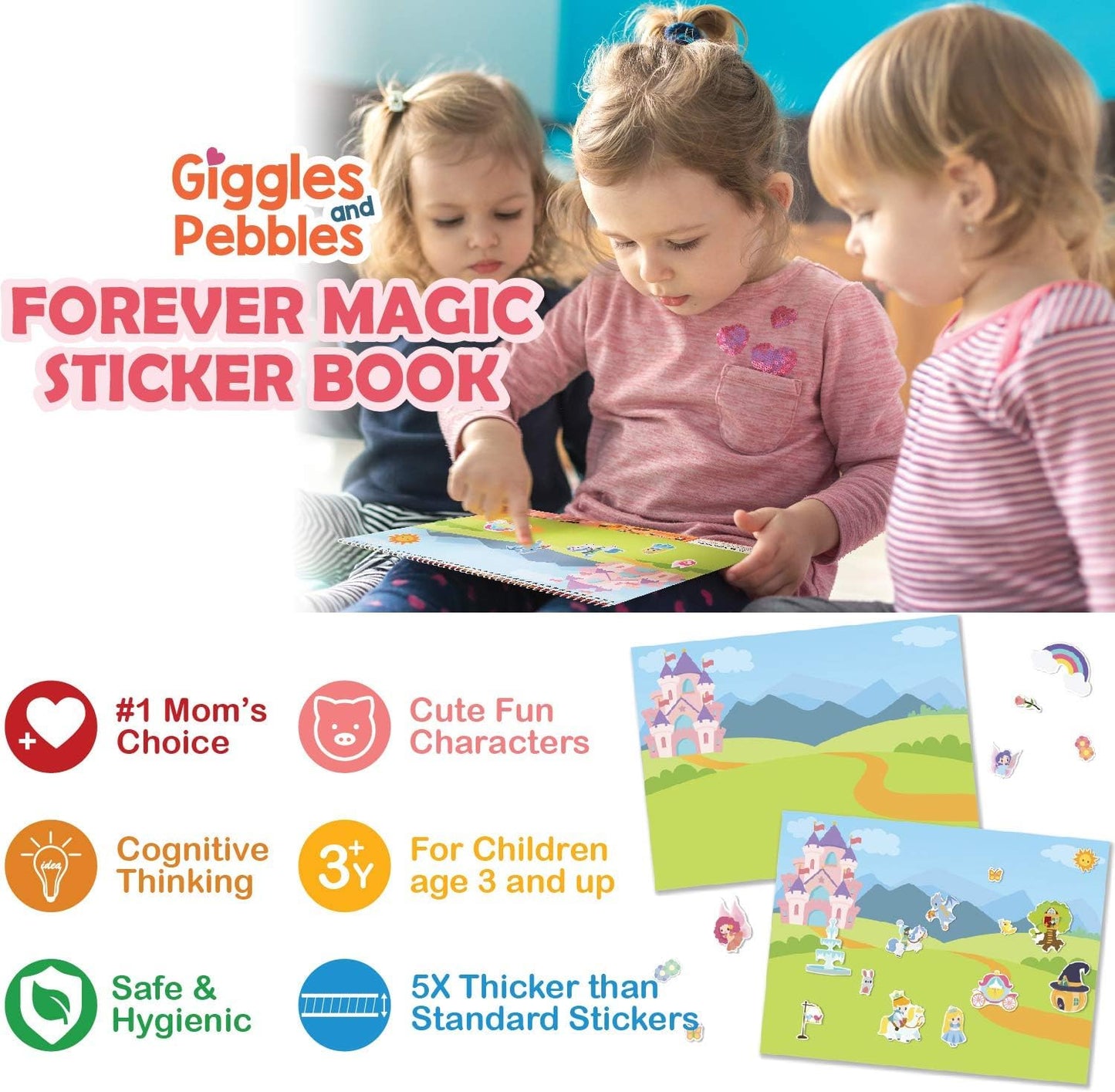 Giggles & Pebbles Educational Magic Sticker Pad Book – Reusable, Washable, Non-Adhesive for Kids