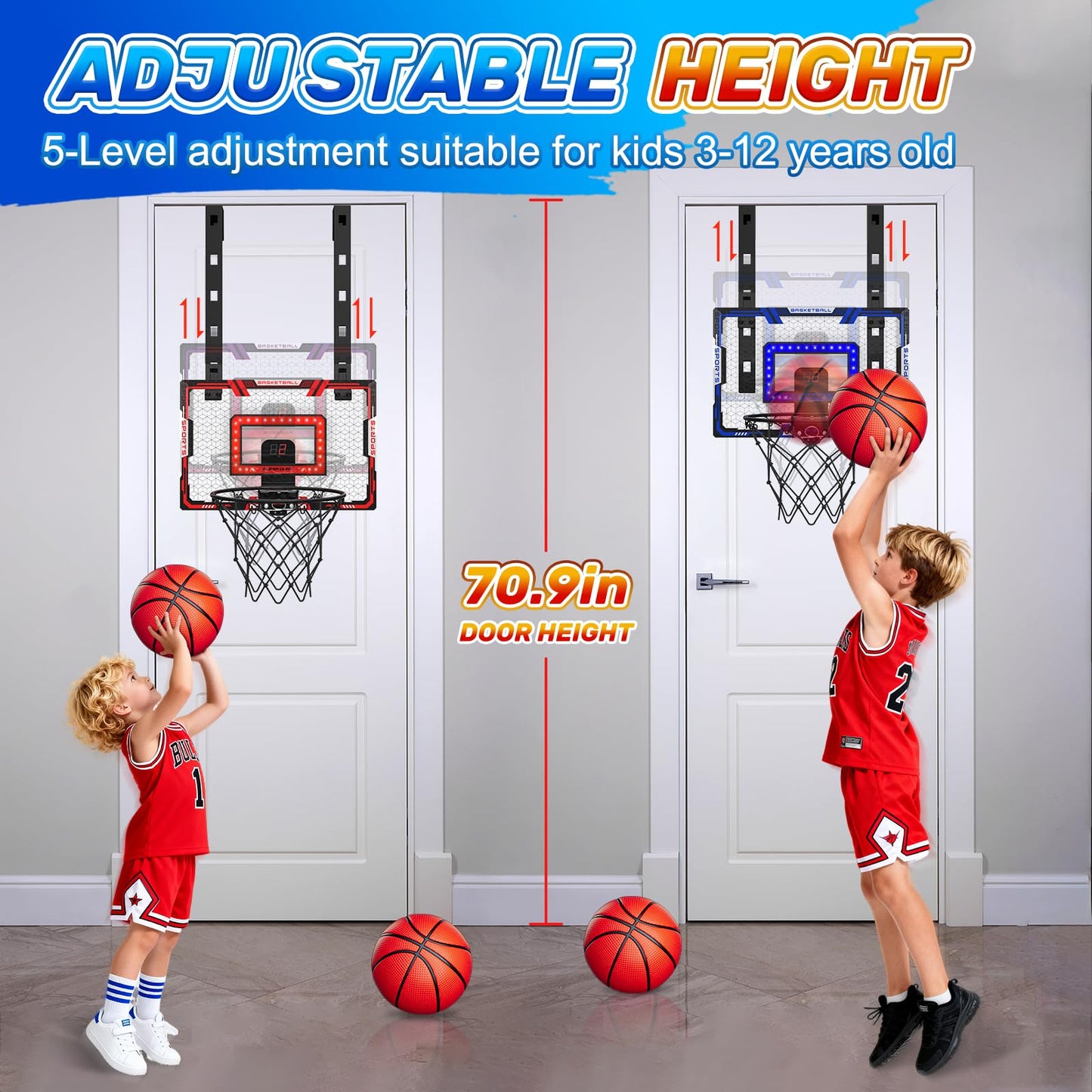 Gigilli Indoor Basketball Hoop for Kids — Adjustable Over-The-Door with LED Scoreboard & 3 Balls