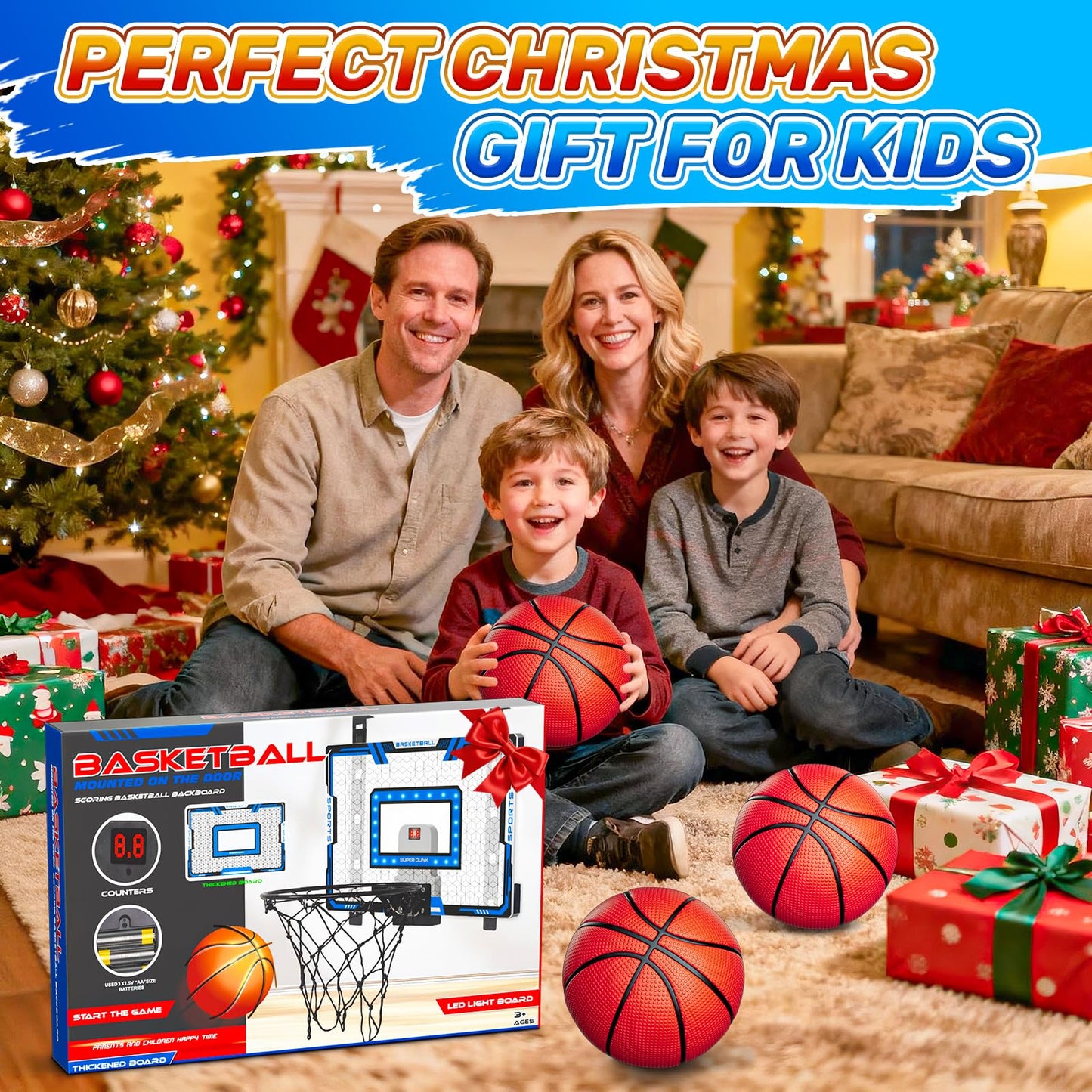 Gigilli Indoor Basketball Hoop for Kids — Adjustable Over-The-Door with LED Scoreboard & 3 Balls