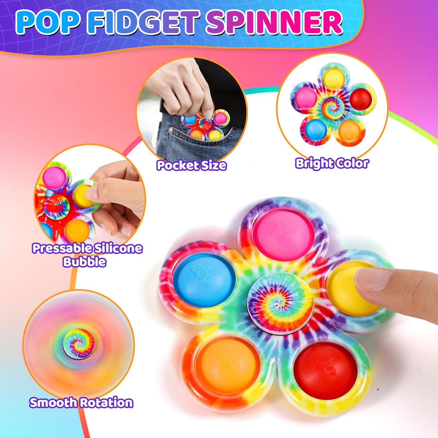 Gigilli Fidget Spinner 9 Pack - Colorful 2-in-1 Pop & Spin Toys