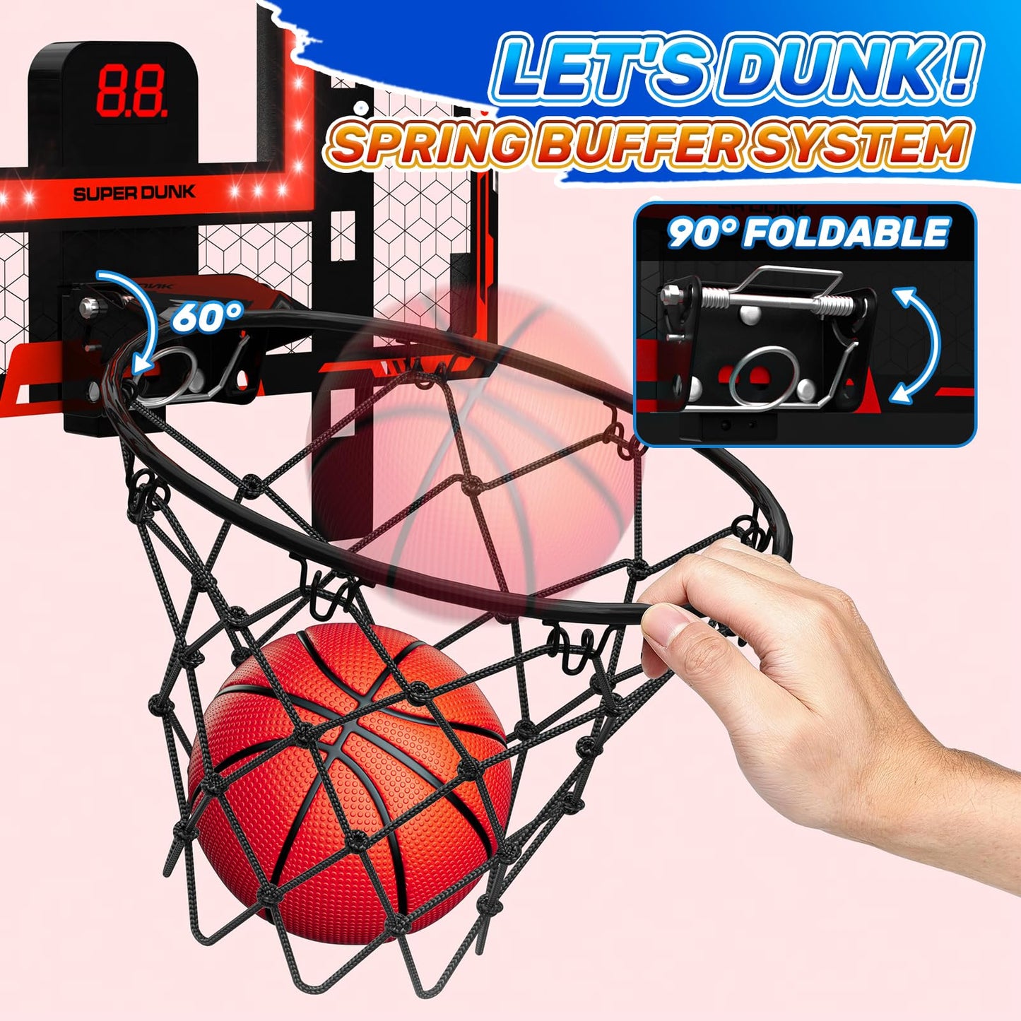 Gigilli Indoor Basketball Hoop for Kids — Adjustable Over-The-Door with LED Scoreboard & 3 Balls