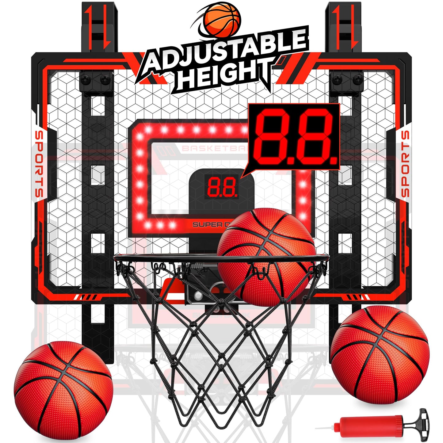 Gigilli Indoor Basketball Hoop for Kids — Adjustable Over-The-Door with LED Scoreboard & 3 Balls