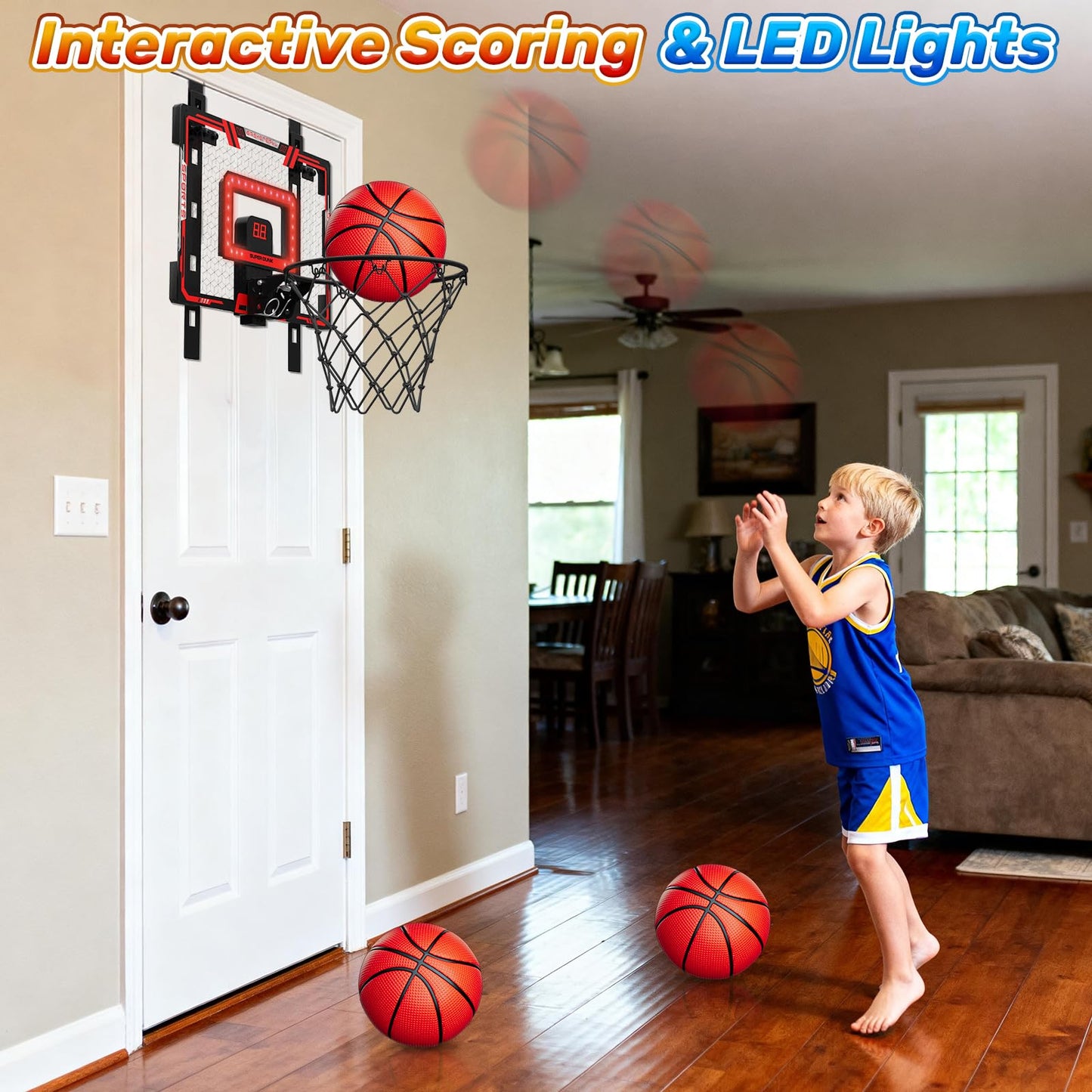Gigilli Indoor Basketball Hoop for Kids — Adjustable Over-The-Door with LED Scoreboard & 3 Balls