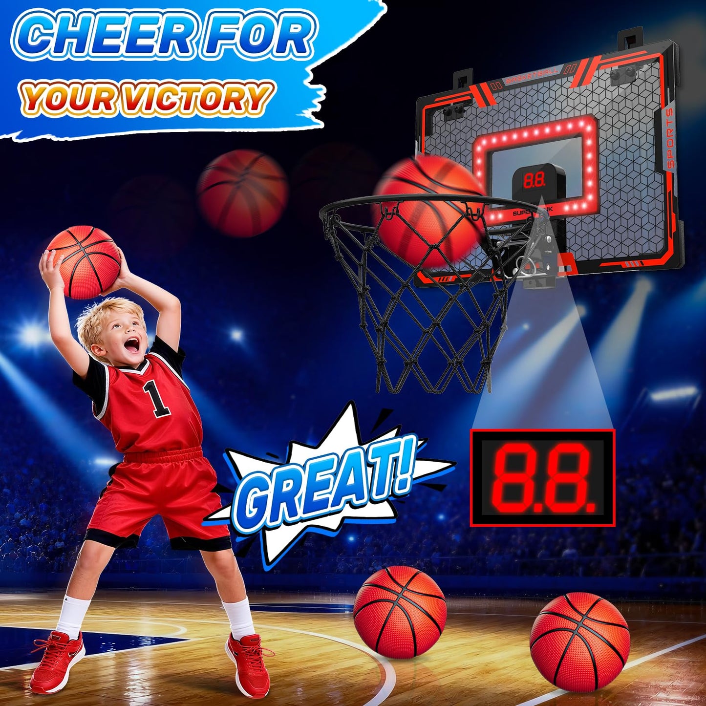 Gigilli Indoor Basketball Hoop for Kids — Adjustable Over-The-Door with LED Scoreboard & 3 Balls