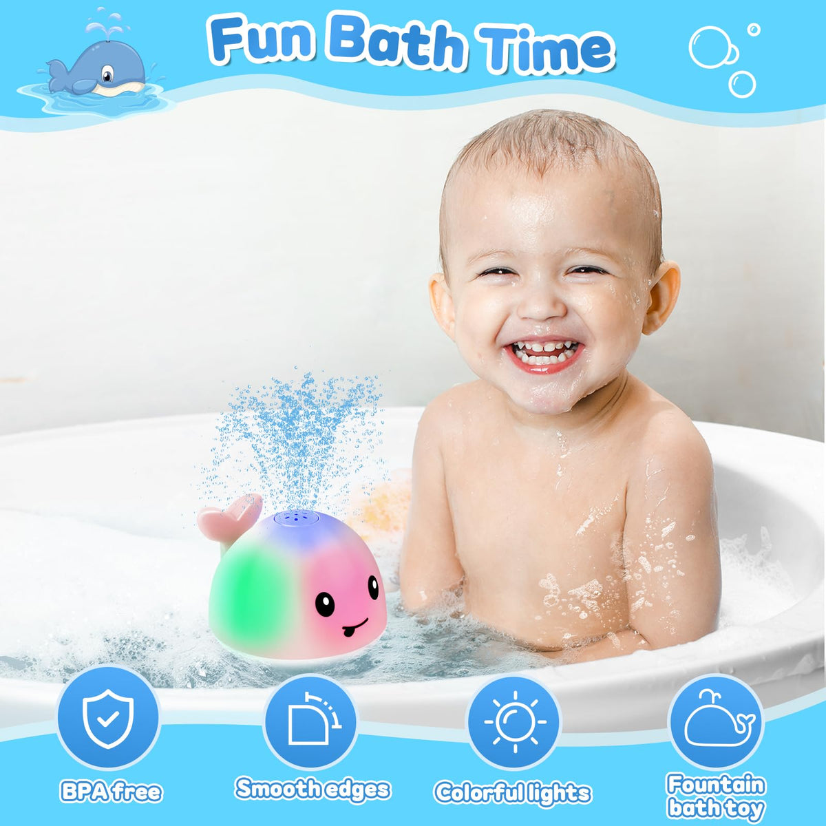 Gigilli Whale Bath Toy Sprinkler – Light-Up, Rechargeable Bath Toy for Babies and Toddlers