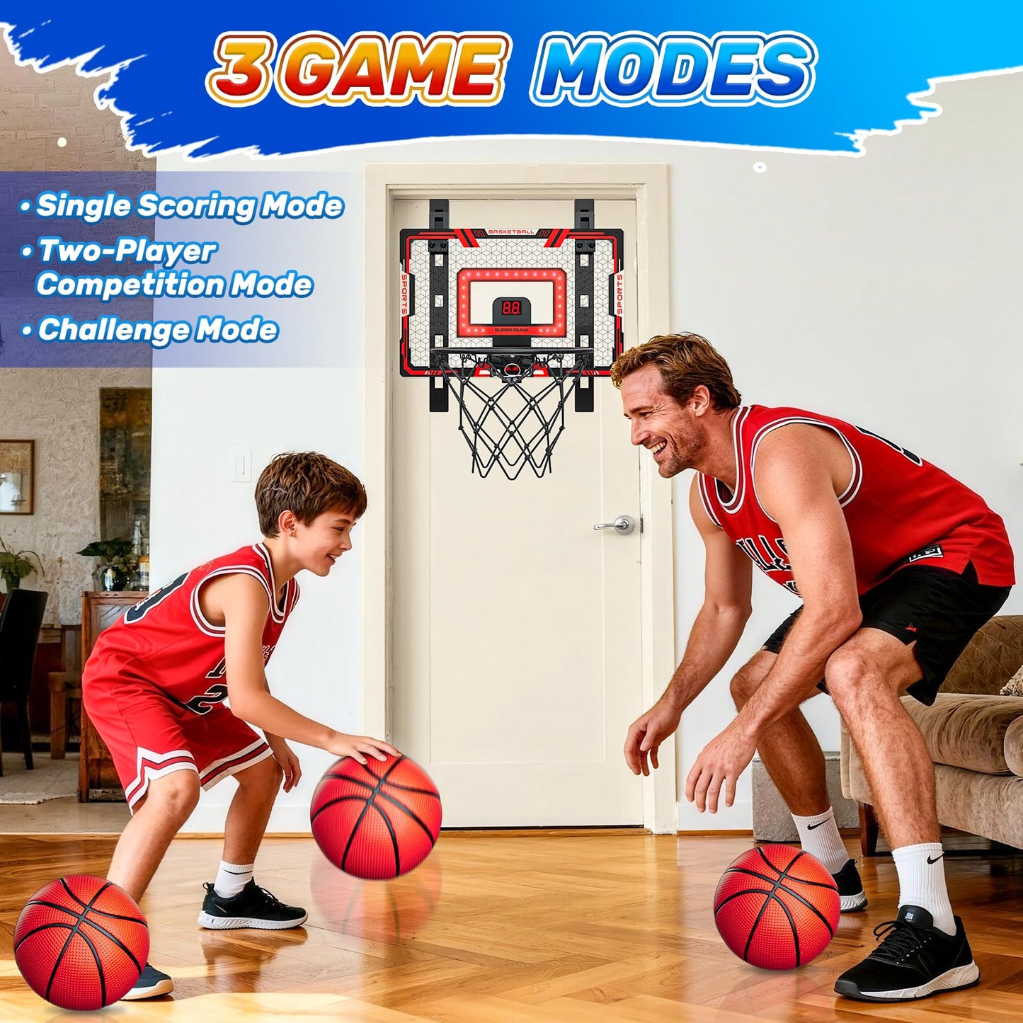 Gigilli Indoor Basketball Hoop for Kids — Adjustable Over-The-Door with LED Scoreboard & 3 Balls
