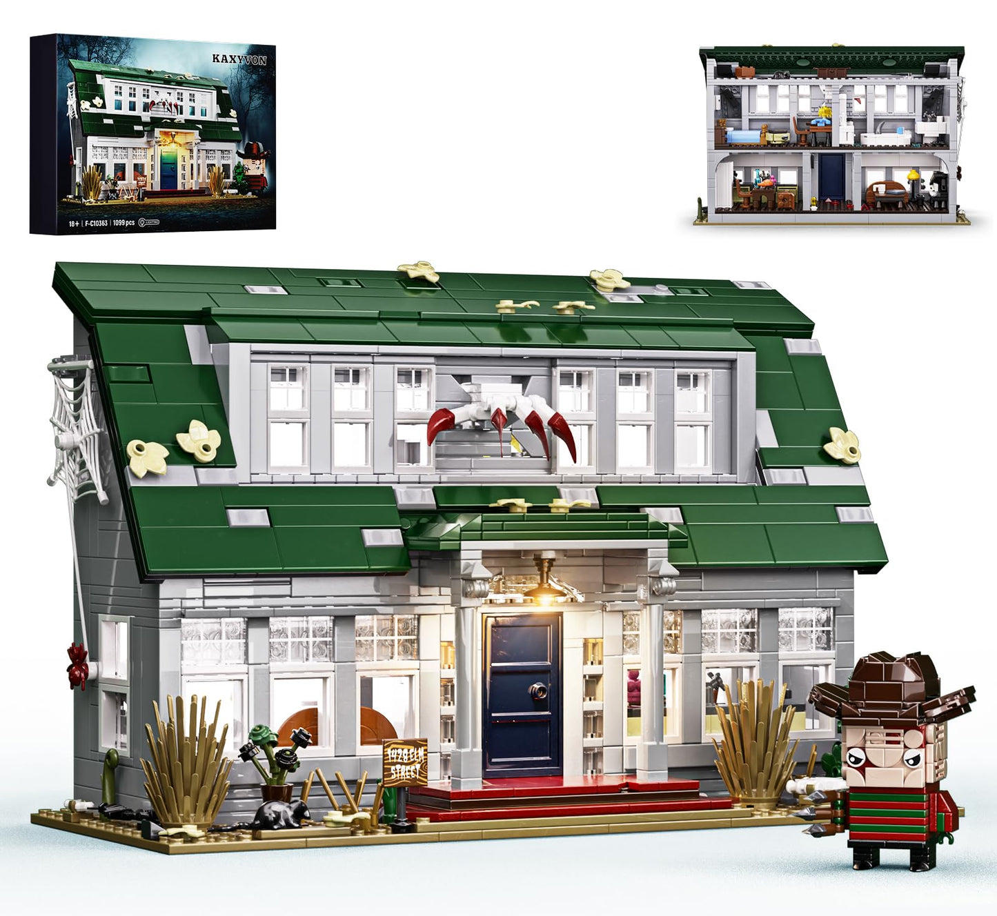 GIKCFSTBLA Halloween Nightmare Building House Set – 1099-Piece LED Haunted House & Freddy Figure