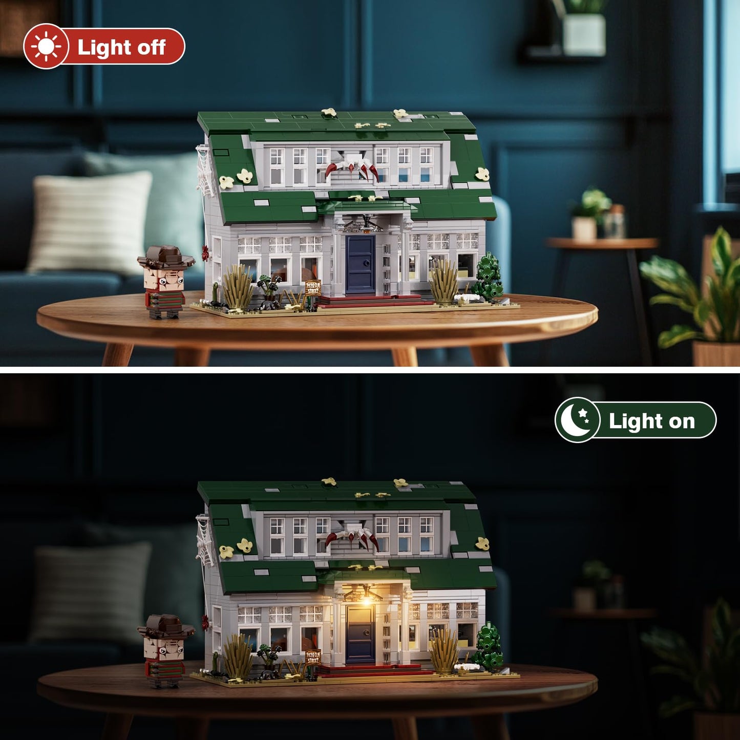 GIKCFSTBLA Halloween Nightmare Building House Set – 1099-Piece LED Haunted House & Freddy Figure