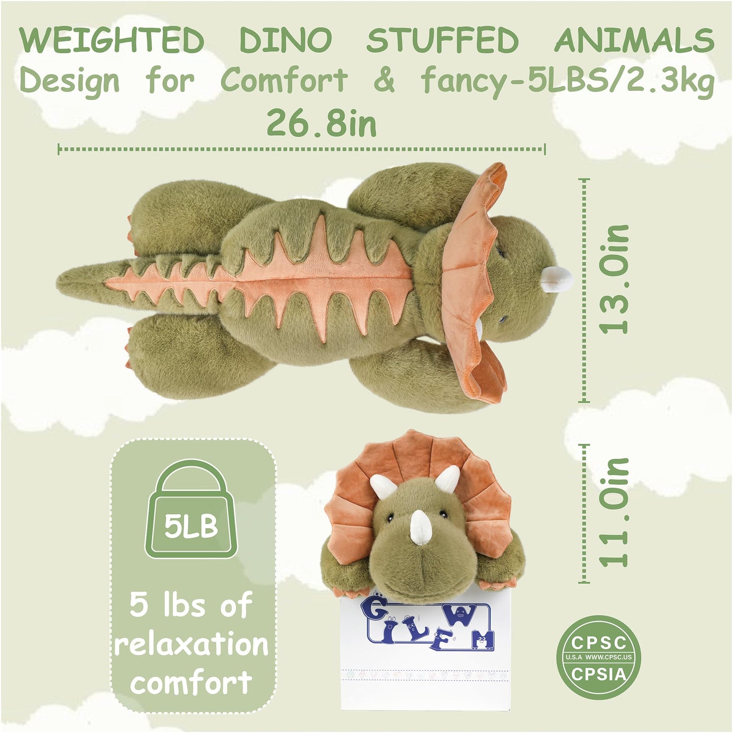 GILFWM Weighted Dinosaur Plush – 26.8 inch Pillow, 5 lb, Washable