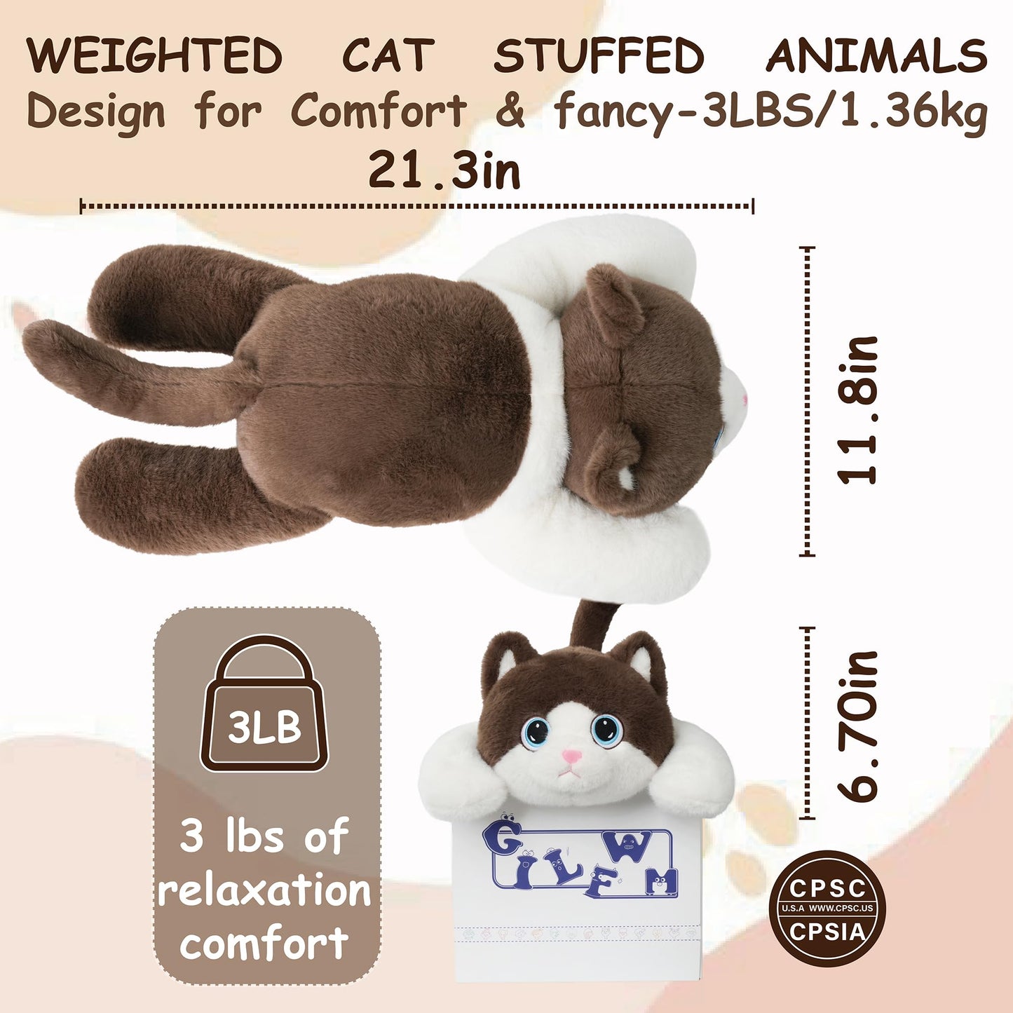 GILFWM Weighted Cat Plush – 21.3in, 3 lb, Safe & Washable