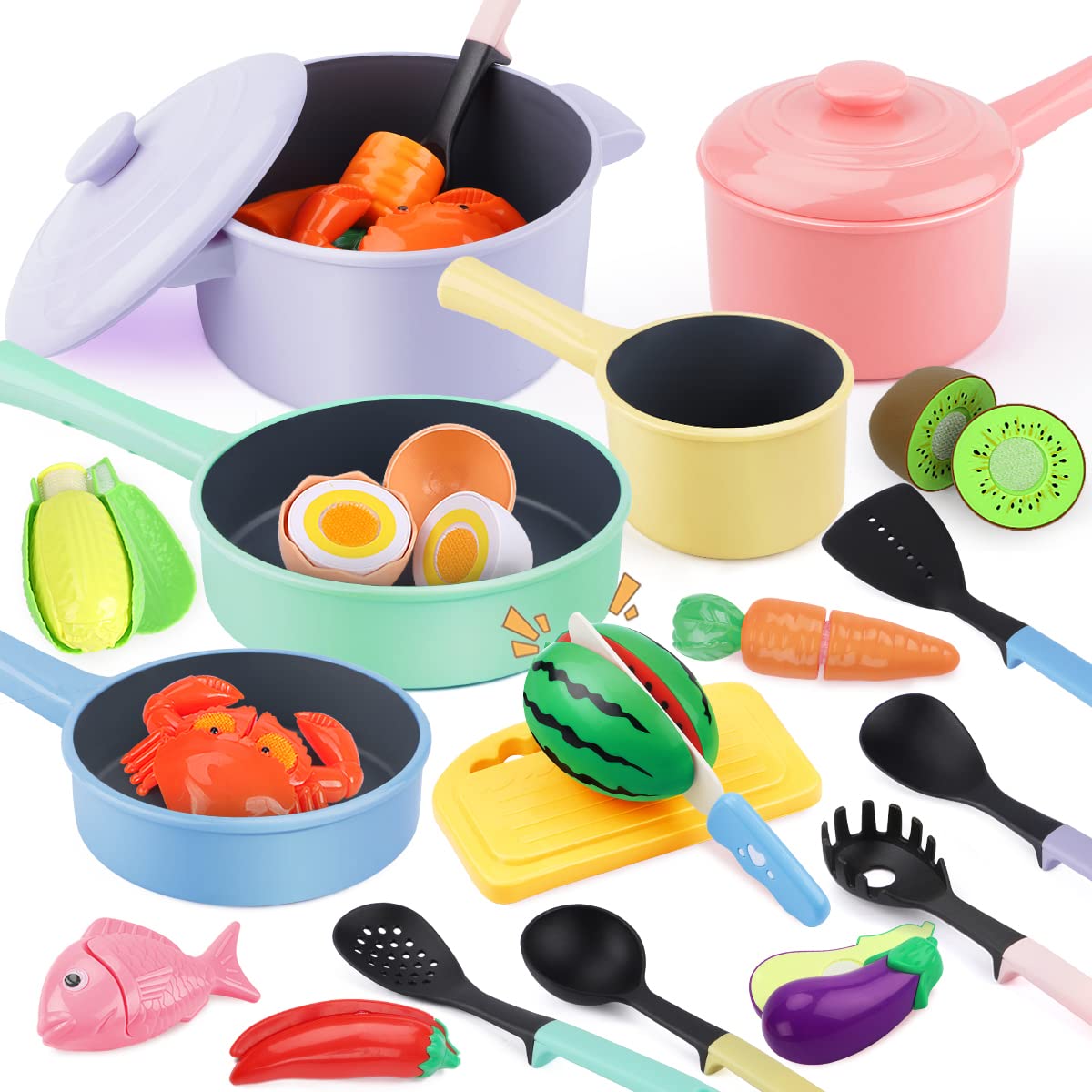 GILOBABY Kids Play Kitchen Accessories – 22-Piece Pots, Pans & Utensils Set for Toddlers 1-3 (Pink)