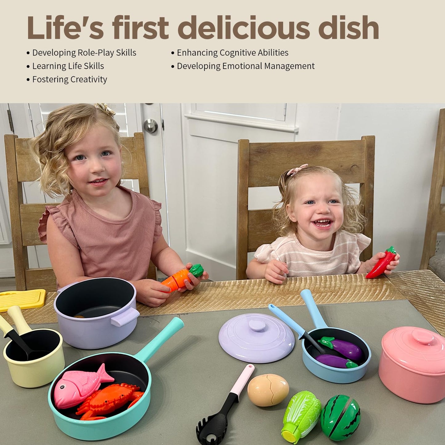 GILOBABY Kids Play Kitchen Accessories – 22-Piece Pots, Pans & Utensils Set for Toddlers 1-3 (Pink)